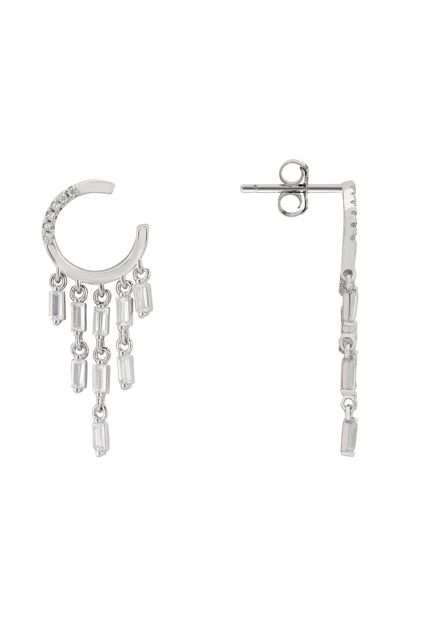 Angled view of Waterfall Cascade Drop Earrings Silver, showing silver finish and the jewellery profile.