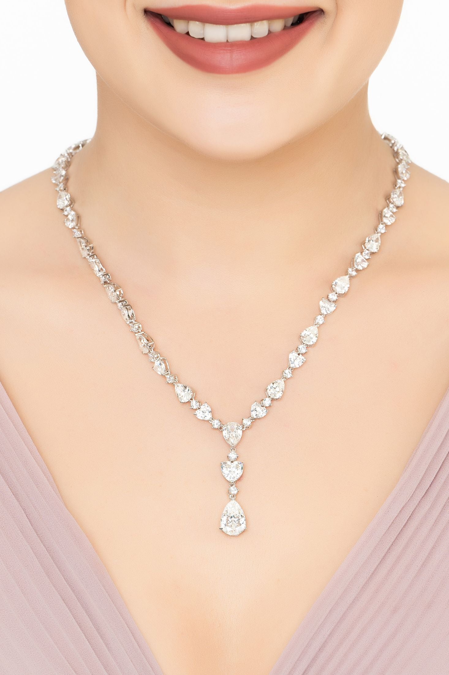 Angled view of Sofia Moissanite Statement Necklace Silver, showing silver finish and the jewellery profile.