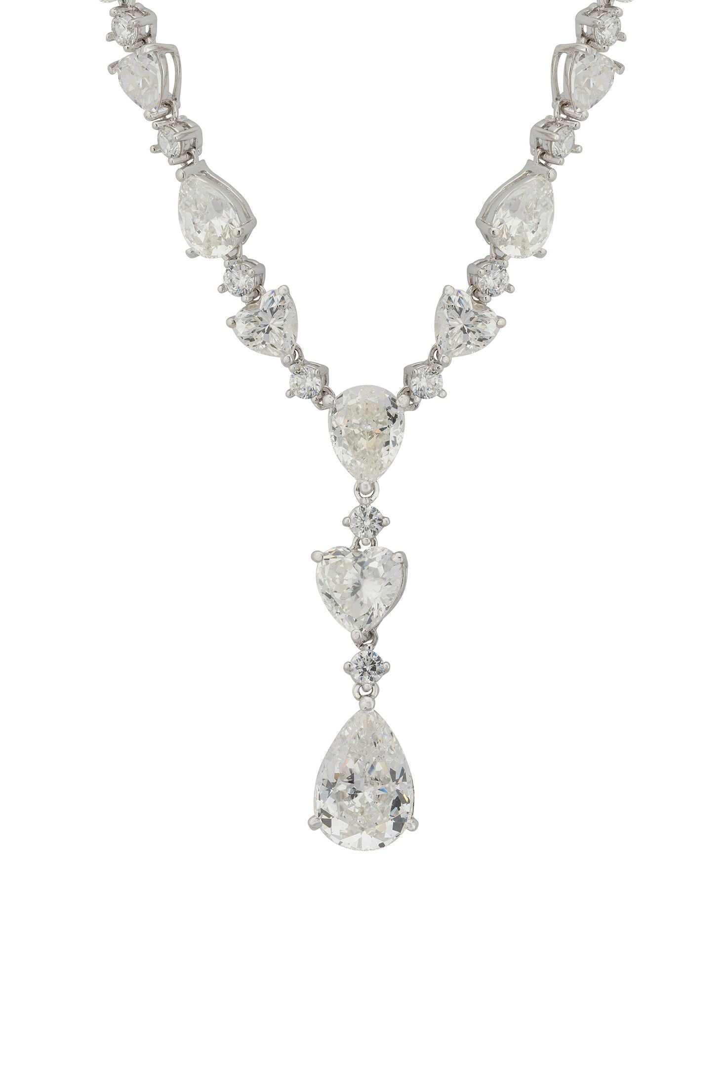 Front view of Sofia Moissanite Statement Necklace Silver, showing heart design, silver finish.