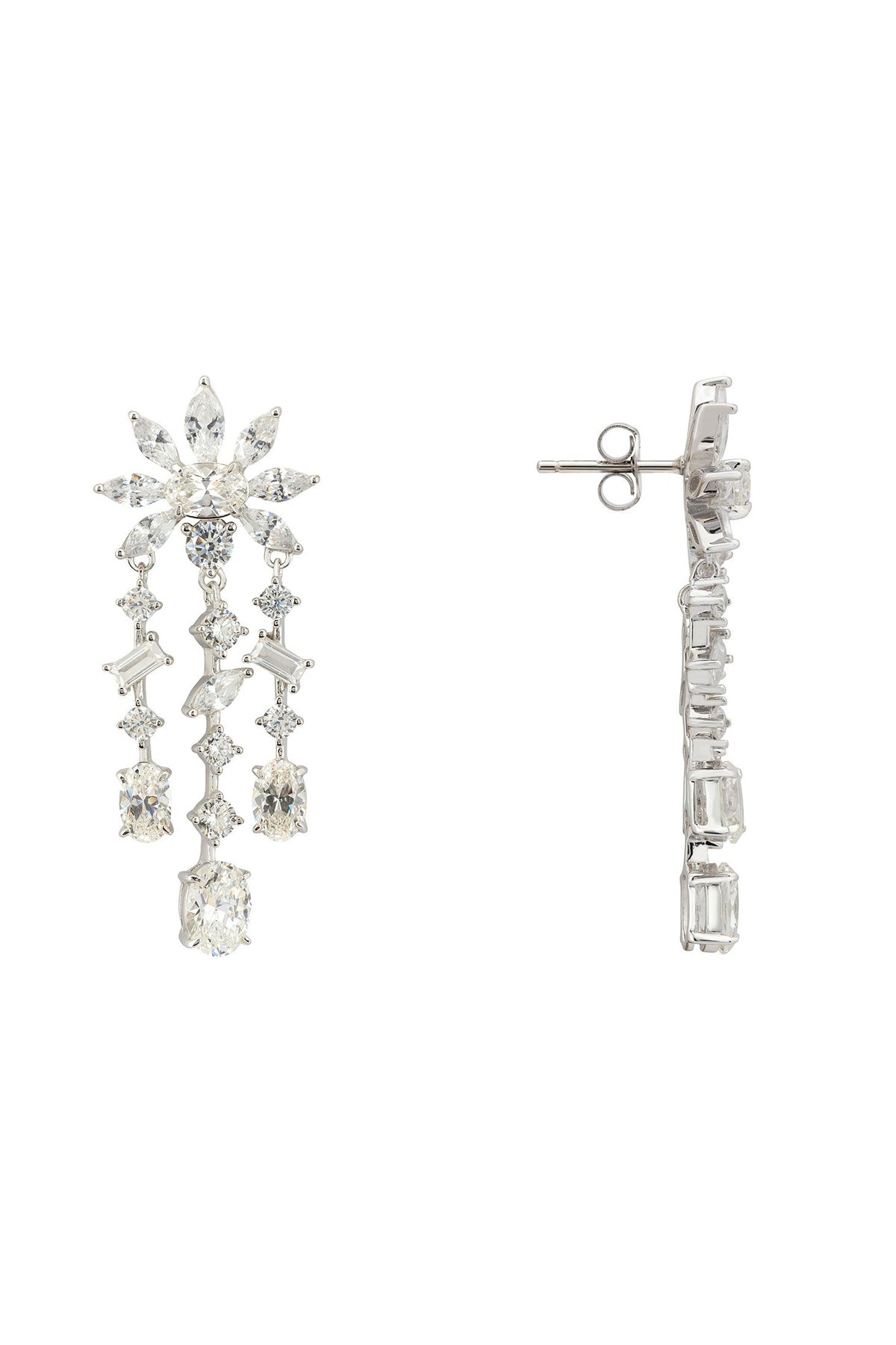 Angled view of Margarita Daisy Flower Moissanite Chandelier Earrings Silver, showing flower design, silver finish and the jewellery profile.
