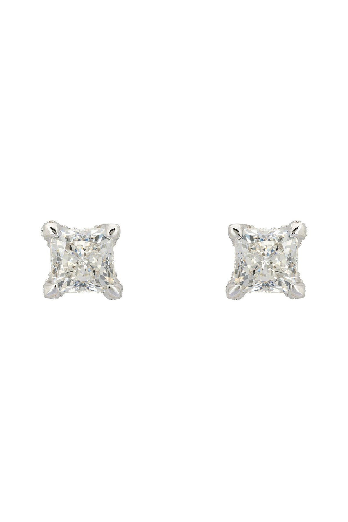 Front view of Bel Air Square-Cut Solitaire Moissanite Stud Earrings Silver, showing cat design, silver finish.