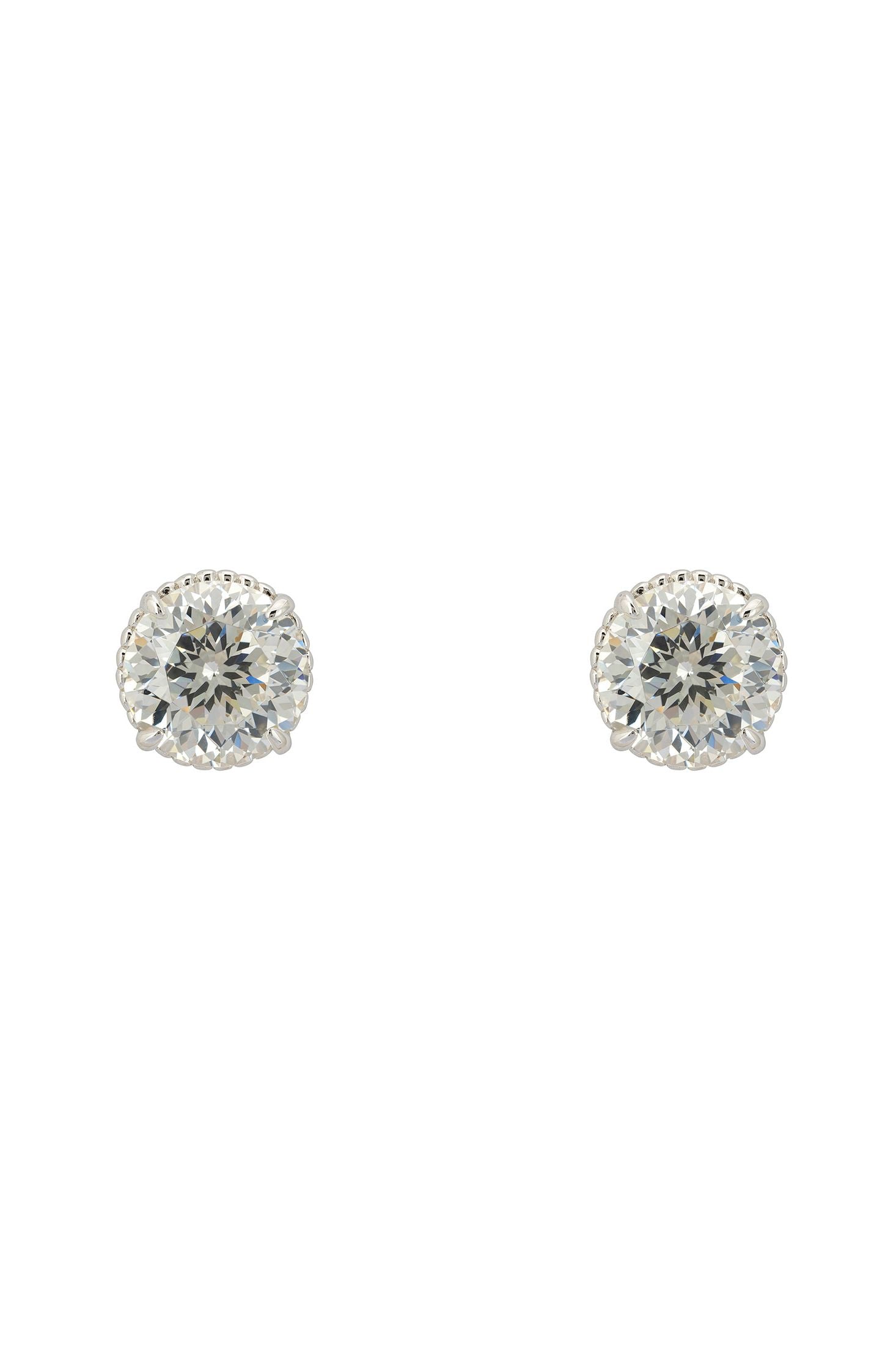Front view of Coronation Solitaire Stud Earrings Moissanite Silver, showing cat design, zirconia detailing, silver finish.