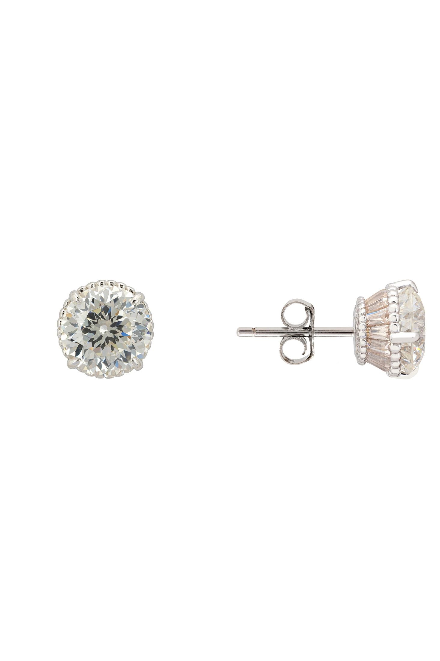 Angled view of Coronation Solitaire Stud Earrings Moissanite Silver, showing silver finish and the jewellery profile.