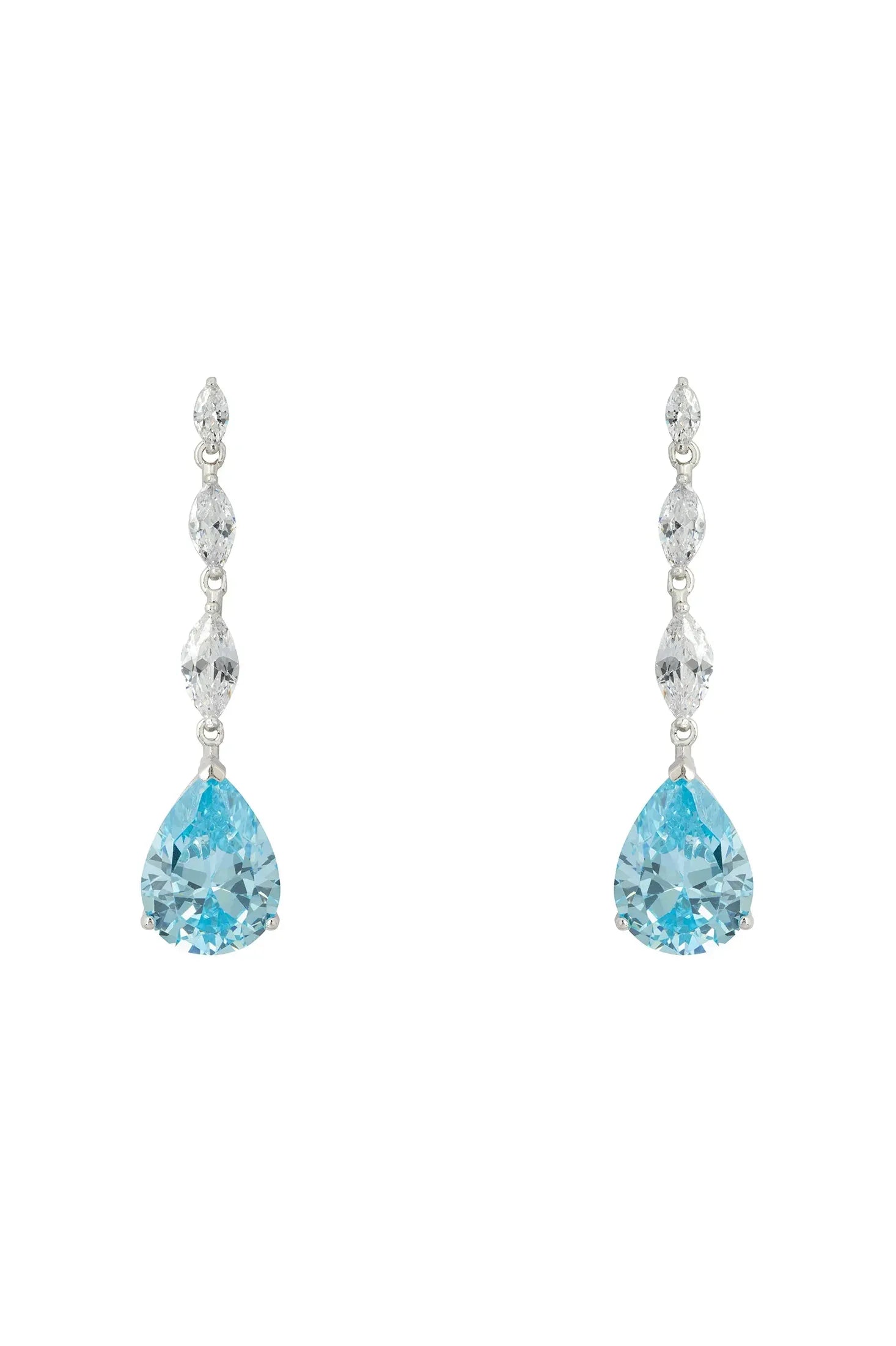 Front view of Zara Teardrop Blue Topaz Gemstone Earrings Silver, showing heart design, blue topaz detailing, silver finish.