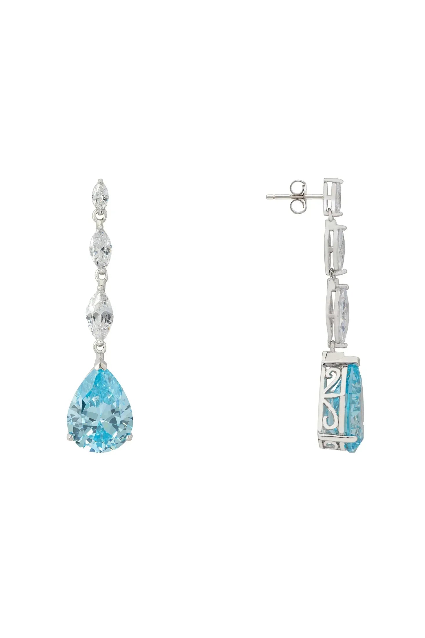 Angled view of Zara Teardrop Blue Topaz Gemstone Earrings Silver, showing blue topaz detailing, silver finish and the jewellery profile.