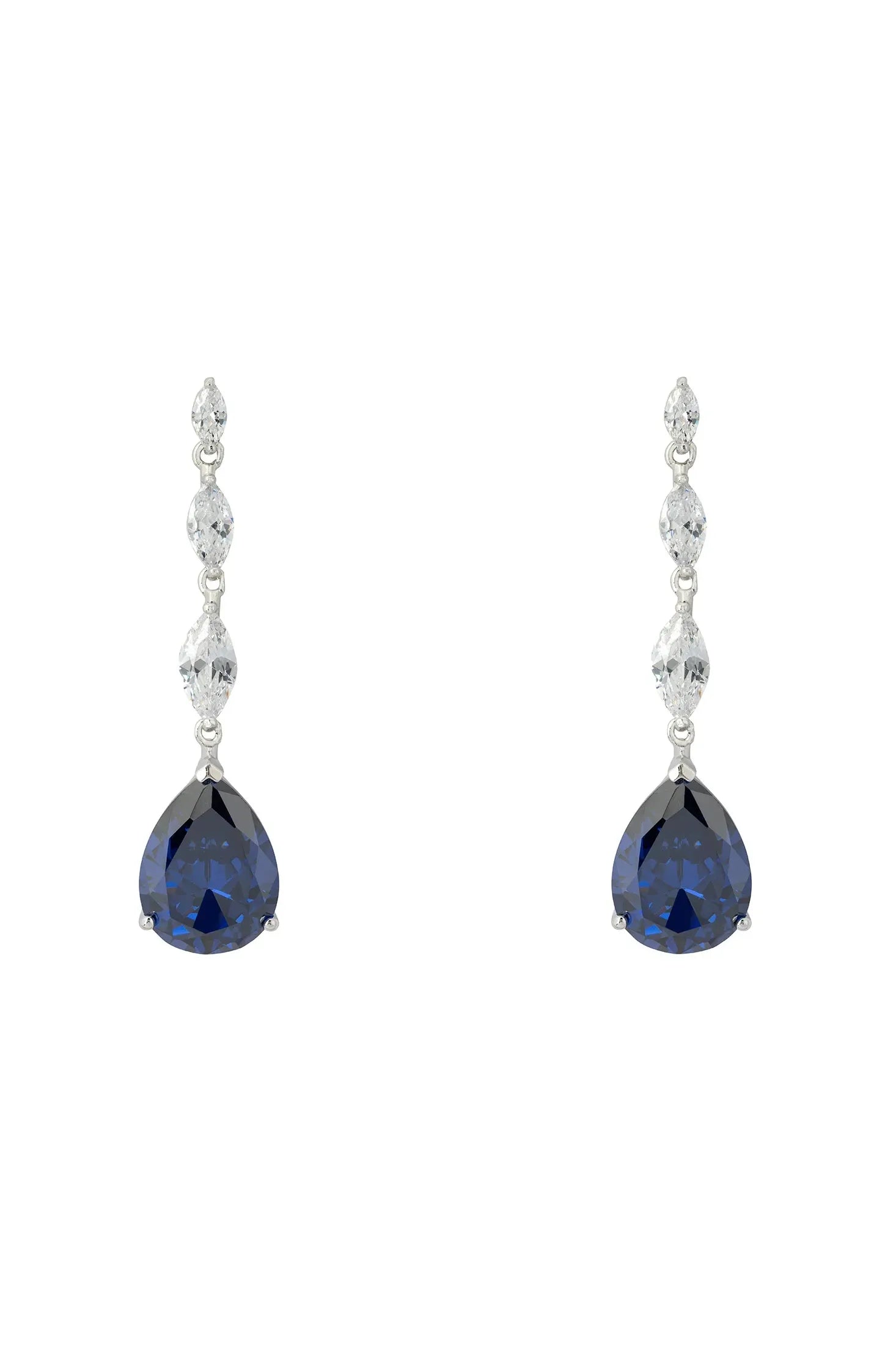 Front view of Zara Teardrop Tanzanite Gemstone Earrings Silver, showing cat design, tanzanite detailing, silver finish.