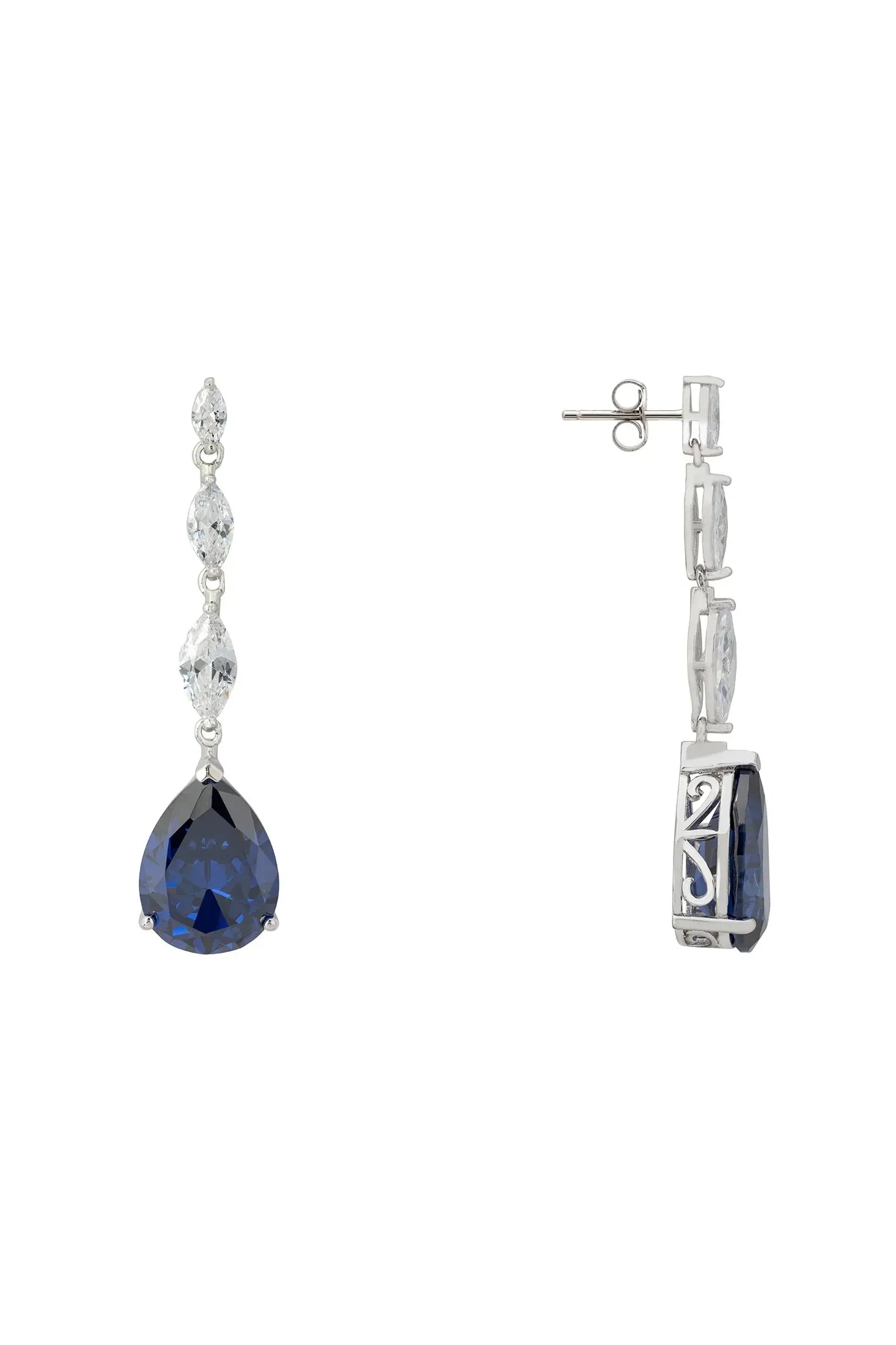 Angled view of Zara Teardrop Tanzanite Gemstone Earrings Silver, showing tanzanite detailing, silver finish and the jewellery profile.