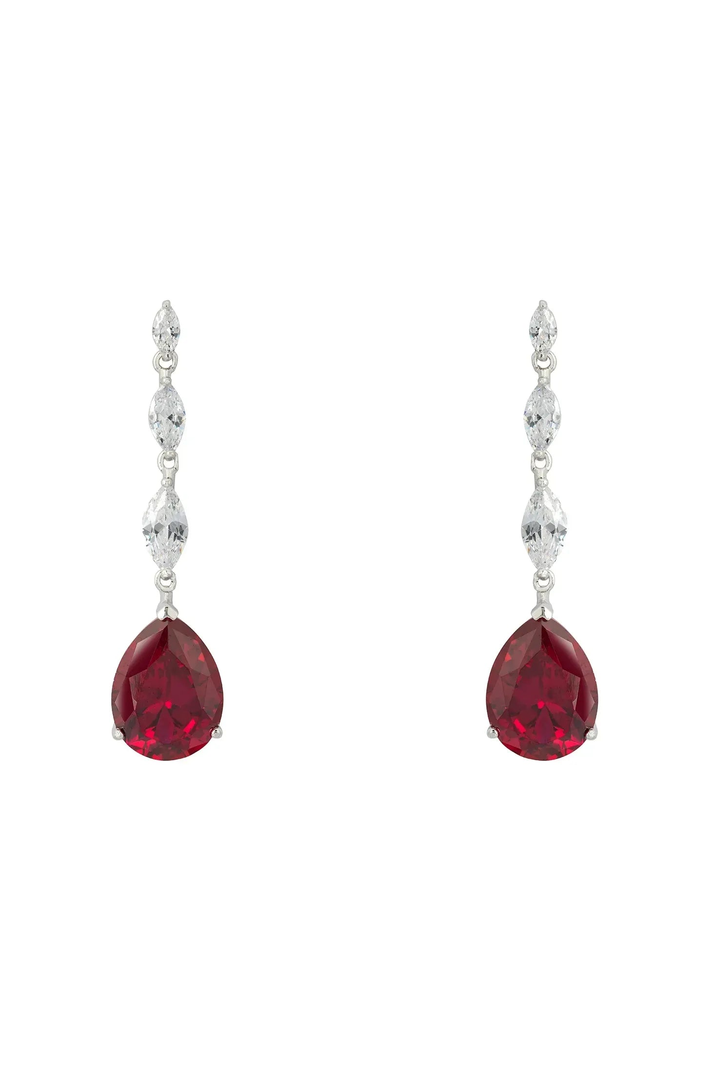 Front view of Zara Teardrop Ruby Gemstone Earrings Silver, showing heart design, ruby detailing, silver finish.