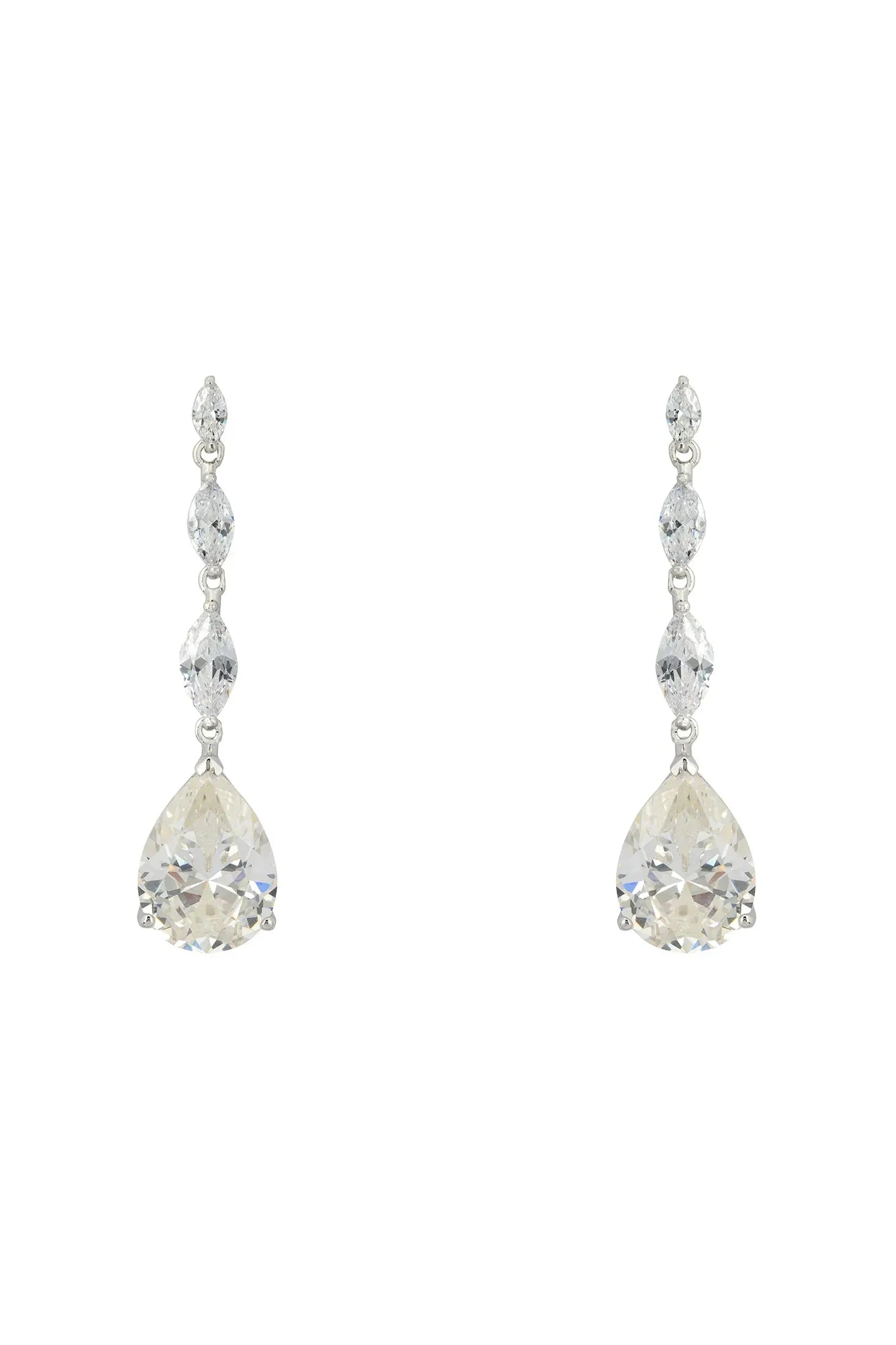 Front view of Zara Teardrop Moissanite Gemstone Earrings Silver, showing heart design, silver finish.