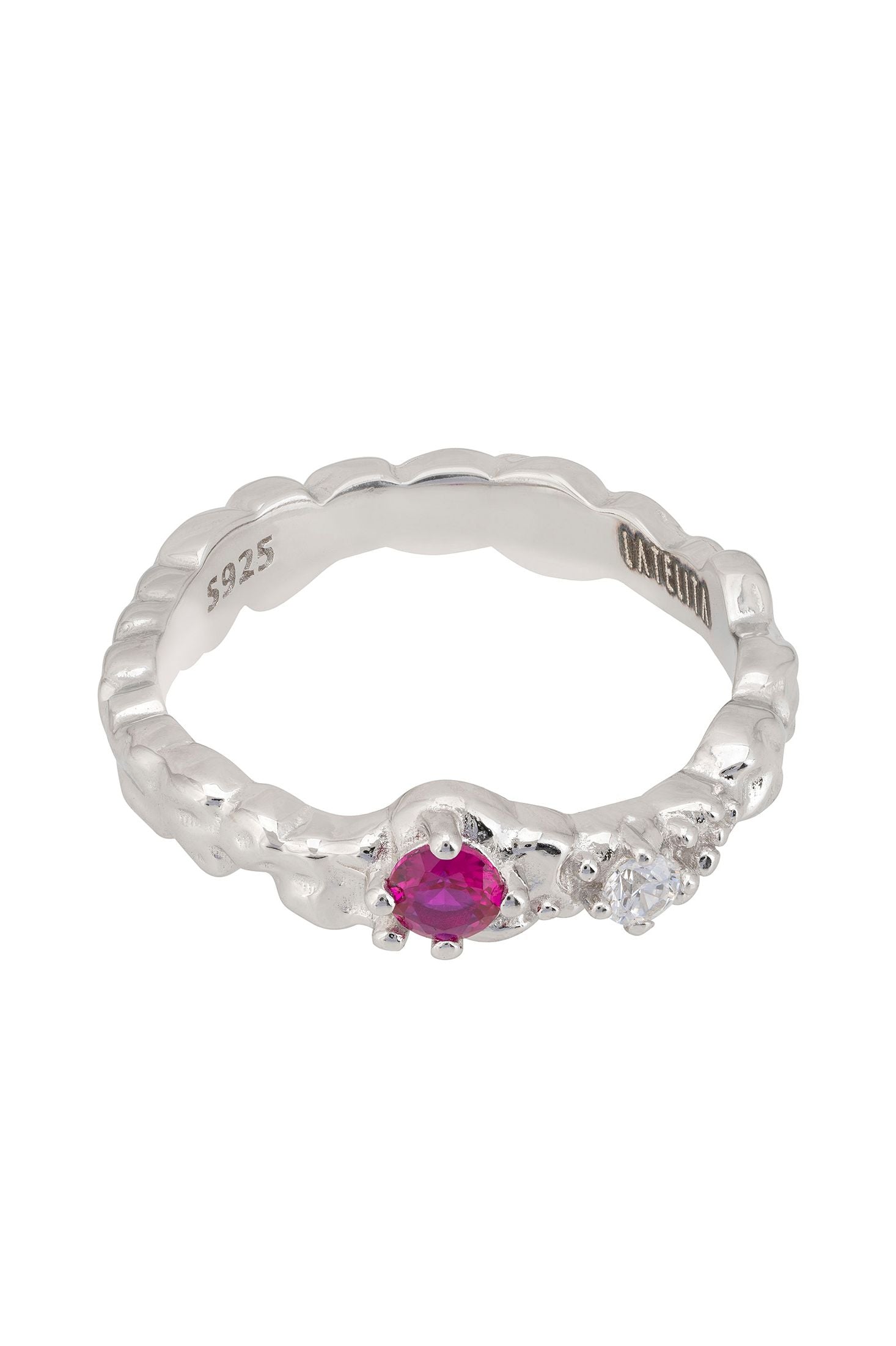 Angled view of Mystical Forest Band Ring Ruby Silver, showing ruby detailing, silver finish and the jewellery profile.