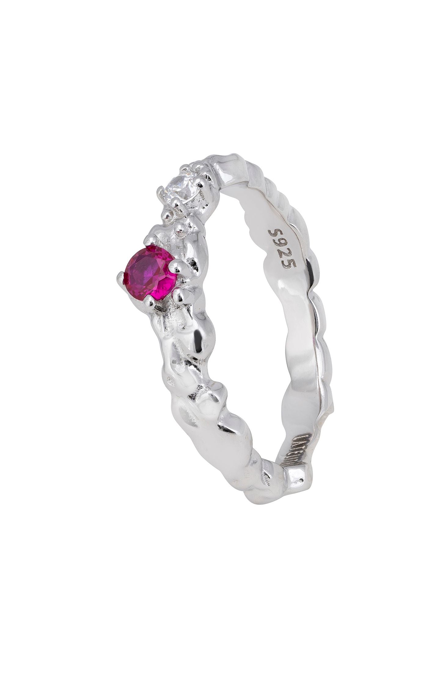 Front view of Mystical Forest Band Ring Ruby Silver, showing heart design, cubic zirconia and zirconia detailing, silver finish.