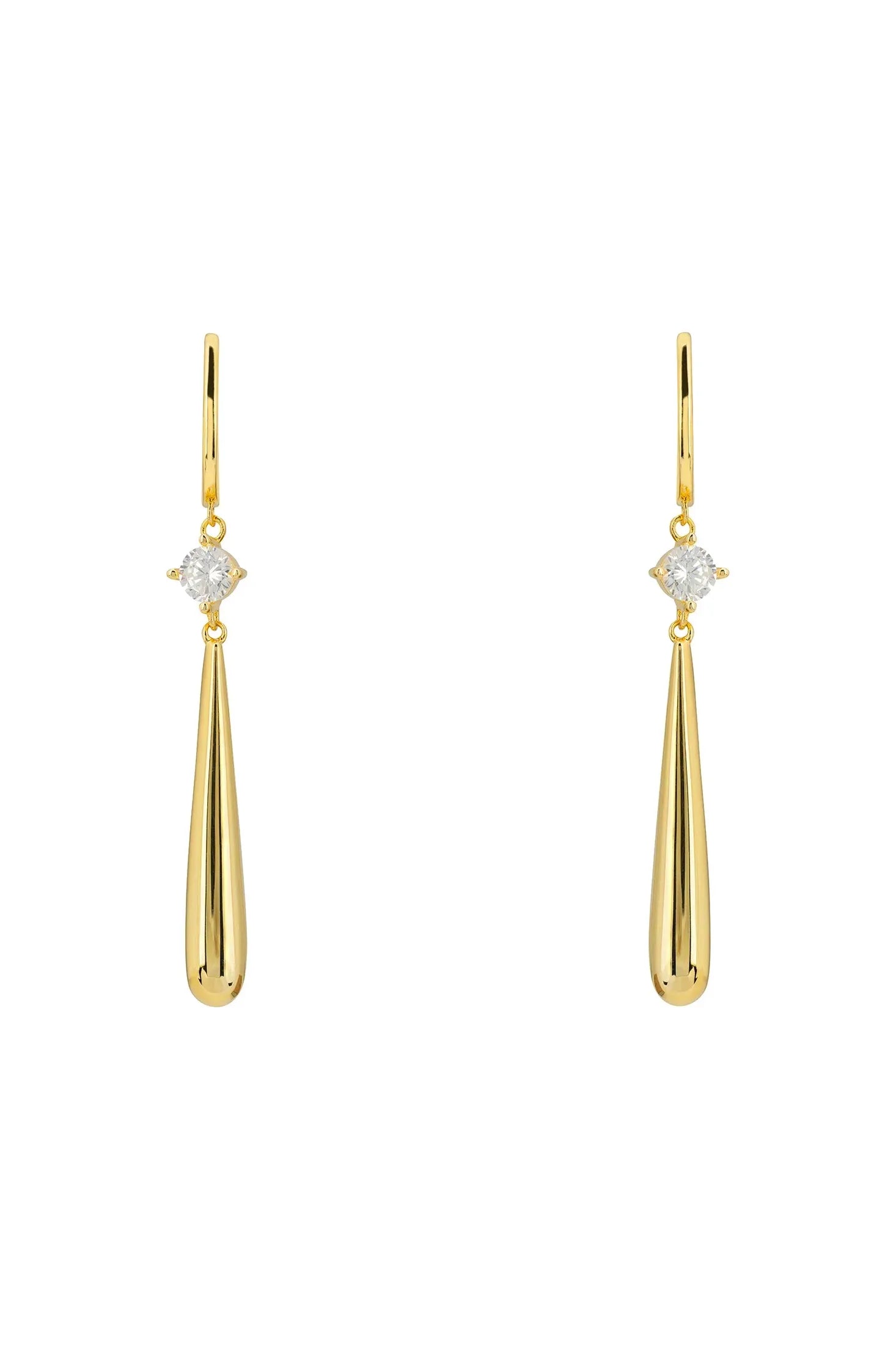 Front view of Zen Droplet Earrings Gold, showing heart design, cubic zirconia and zirconia detailing, gold finish.