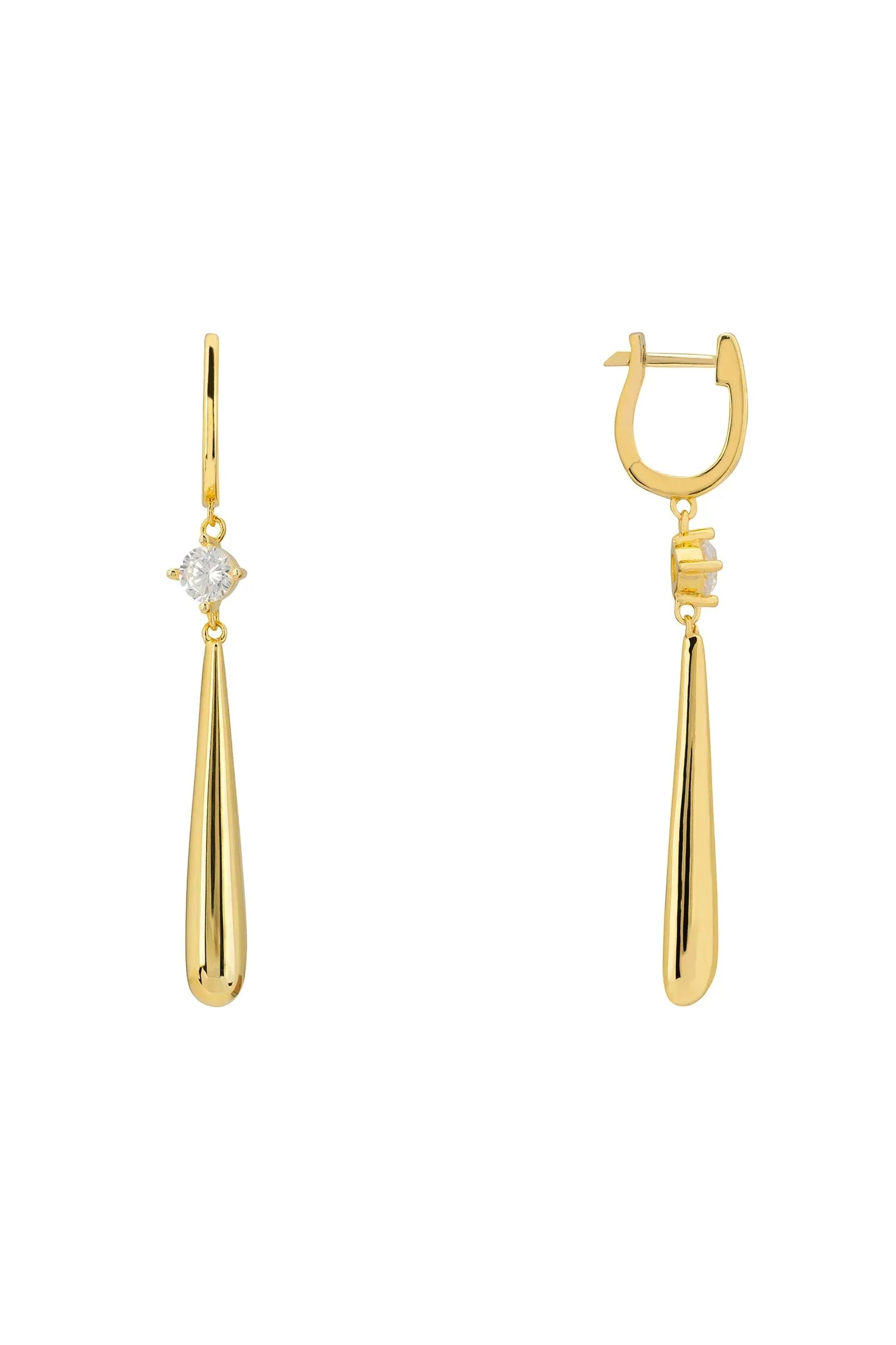 Angled view of Zen Droplet Earrings Gold, showing gold finish and the jewellery profile.