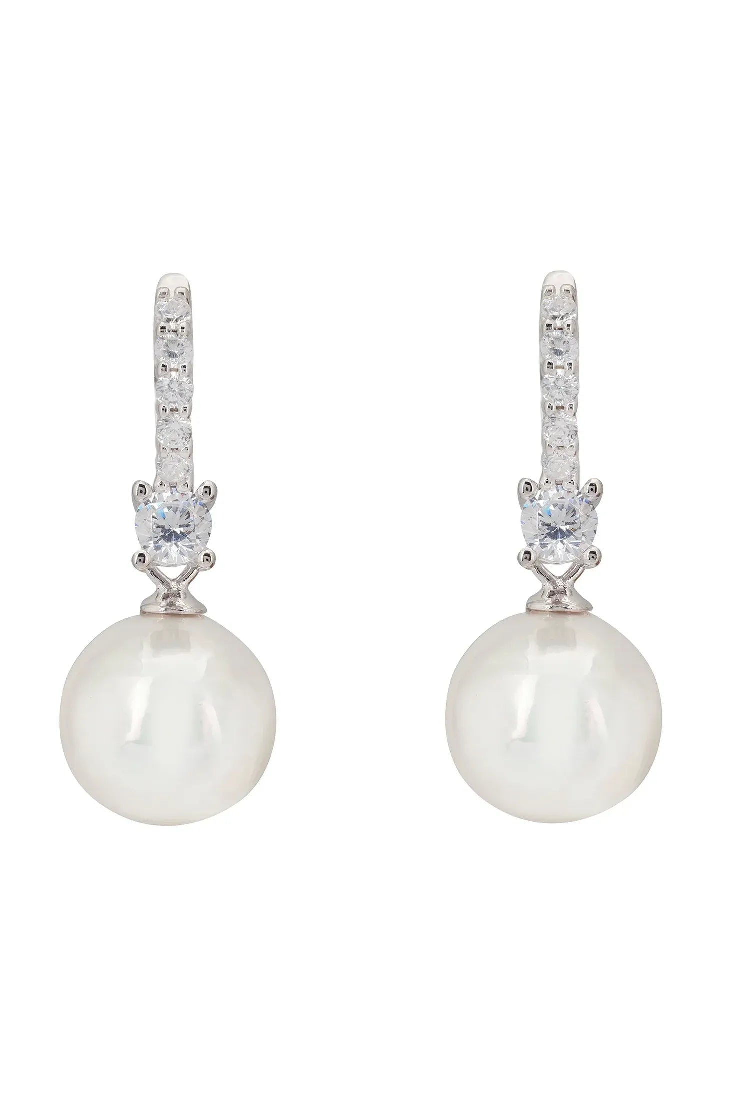 Pair of pearl earrings with diamond-like stones on a white background