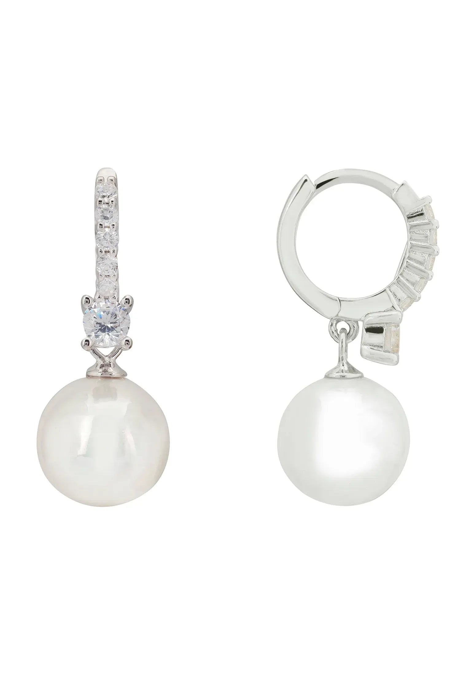 Pair of pearl earrings with silver and diamond accents on a white background