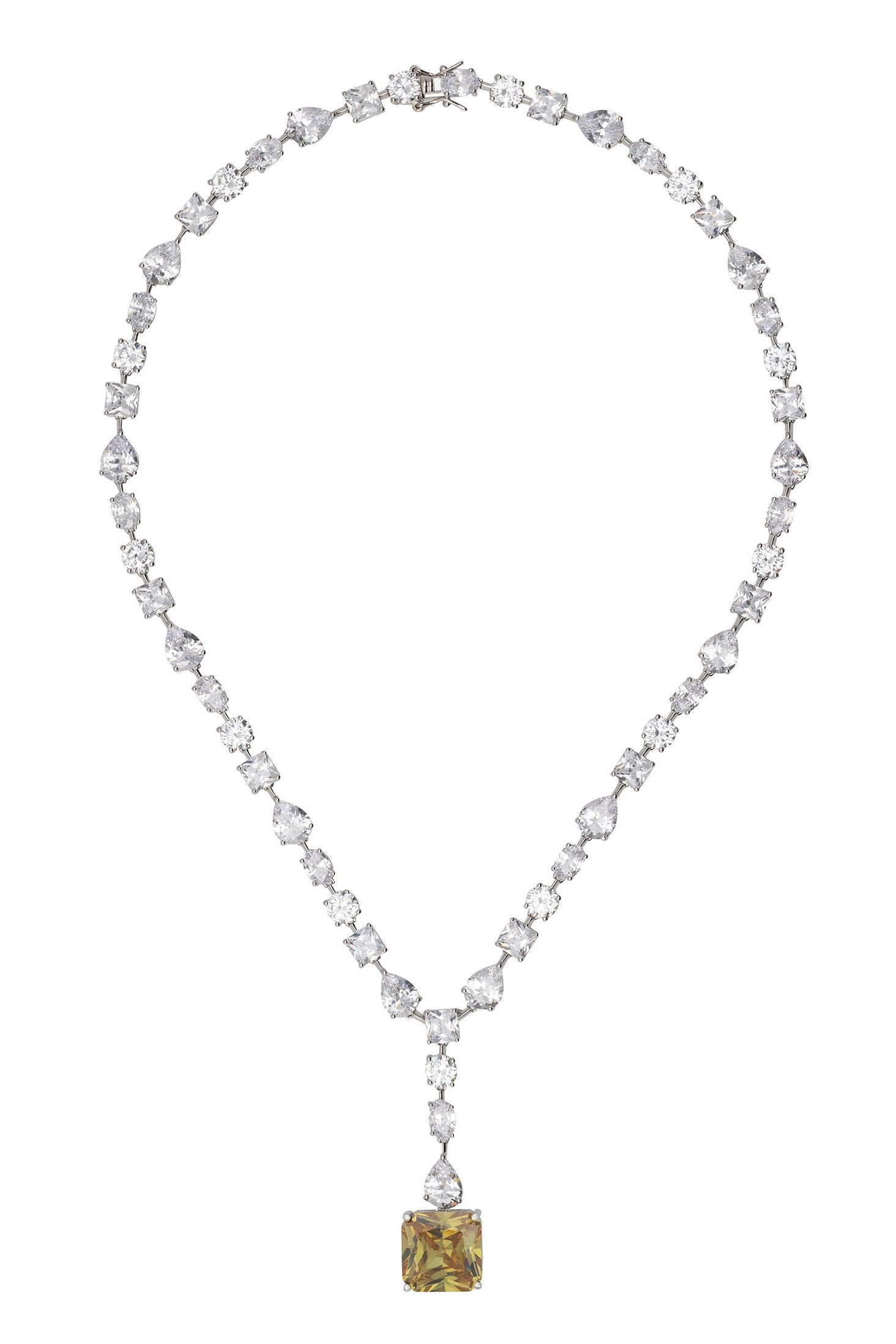Angled view of Penelope Peridot Statement Necklace Silver, showing peridot detailing, silver finish and the jewellery profile.