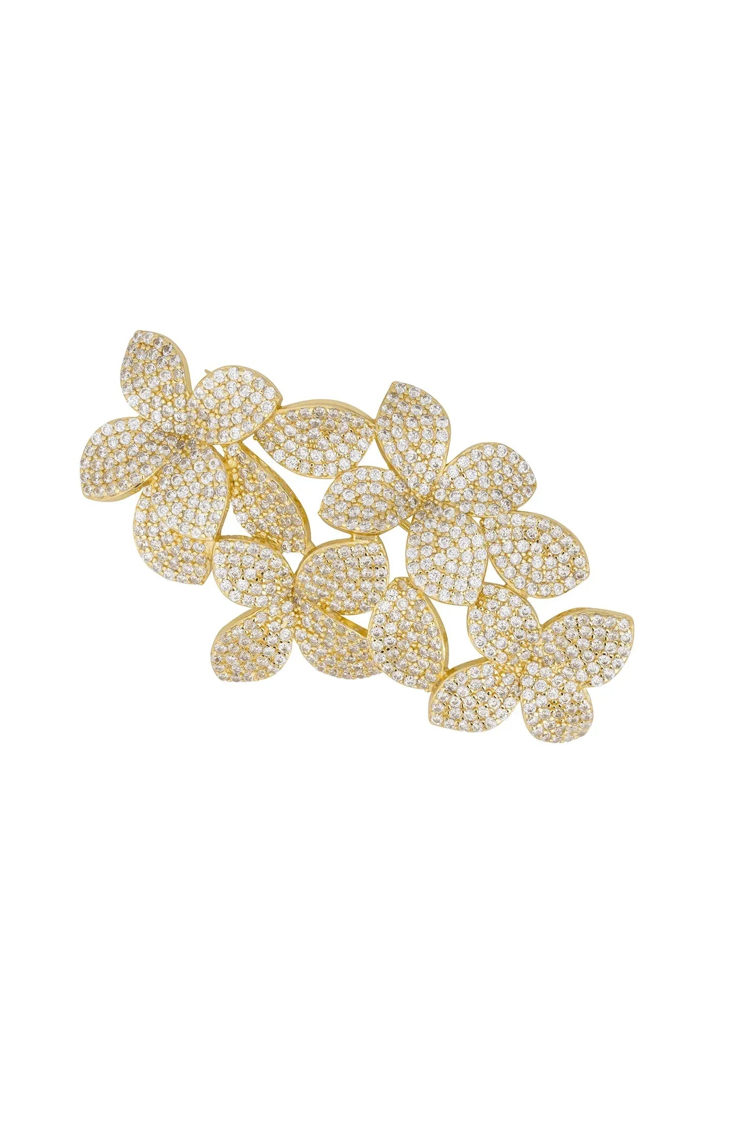 Front view of Petal Cascading Flower Brooch Gold, showing flower design, cubic zirconia and zirconia detailing, gold finish.