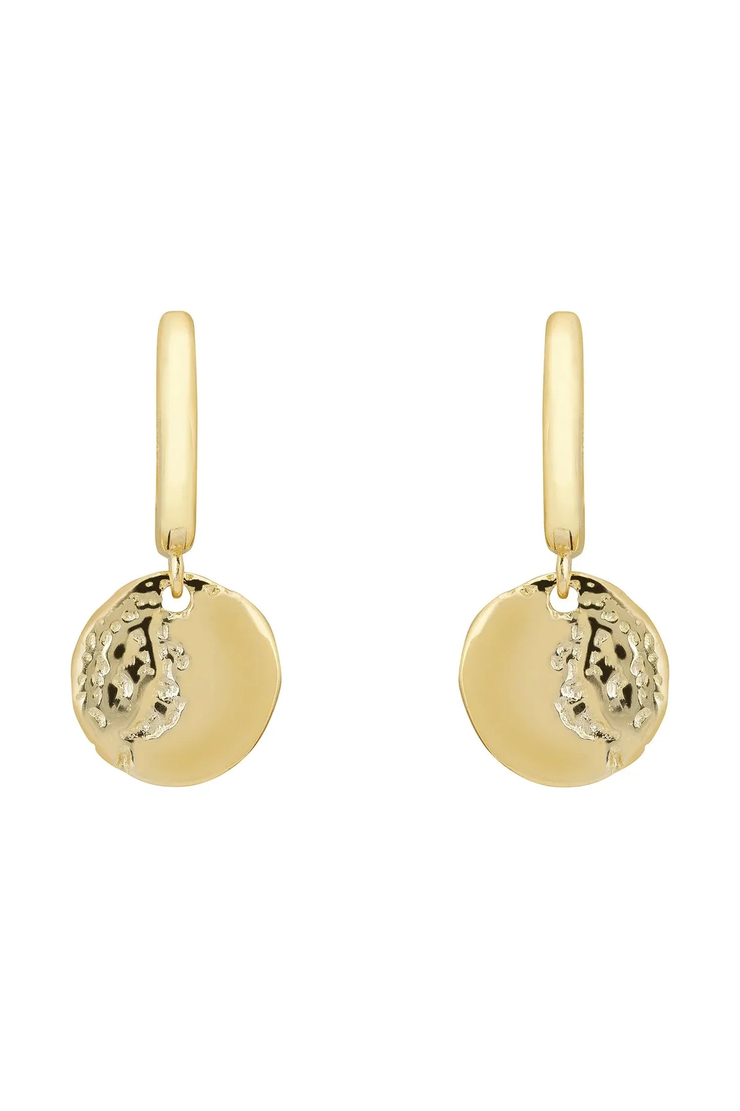 Front view of Lunar Moon Huggie Hoop Earrings Gold, showing moon design, gold finish.