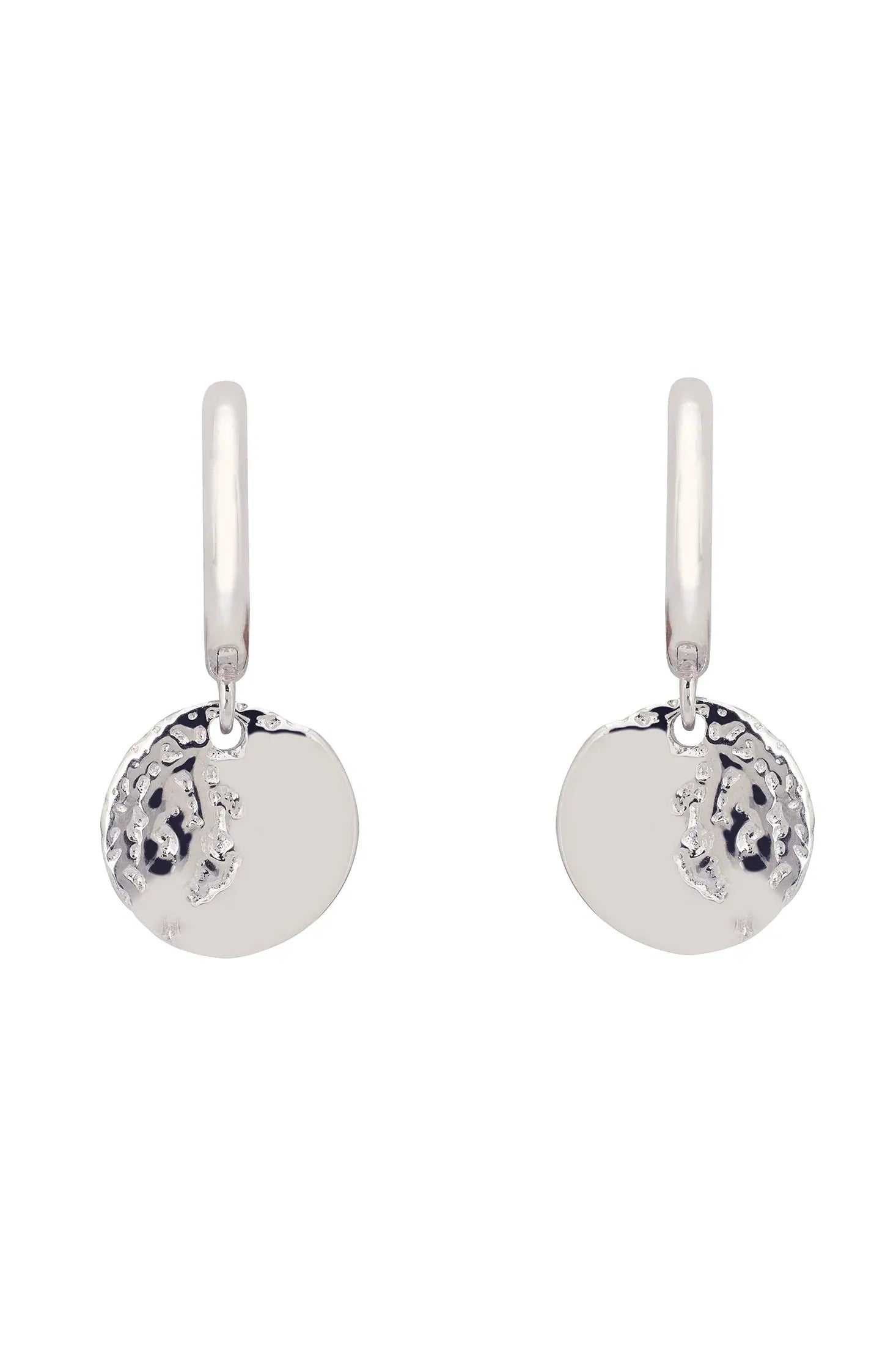 Front view of Lunar Moon Huggie Hoop Earrings Silver, showing moon design, silver finish.
