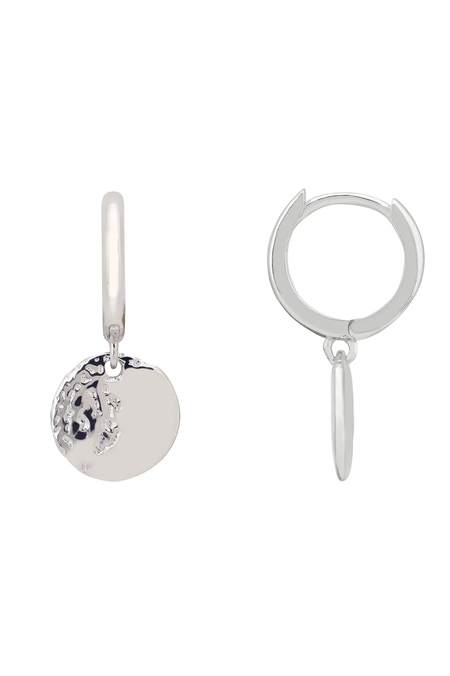 Angled view of Lunar Moon Huggie Hoop Earrings Silver, showing moon design, silver finish and the jewellery profile.