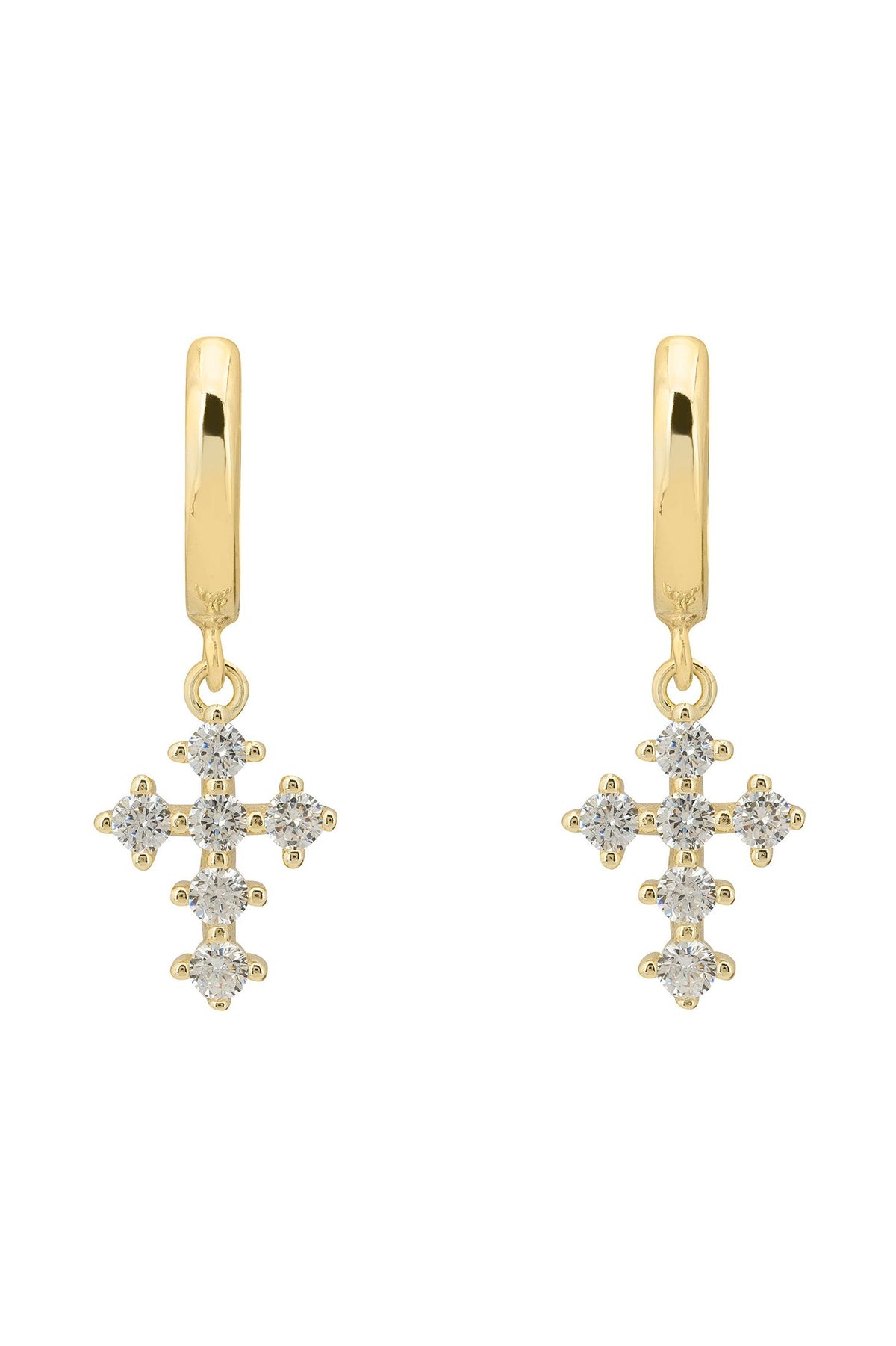 Front view of Divina Fashion Huggie Hoop Earrings Gold, showing cross design, cubic zirconia and zirconia detailing, gold finish.