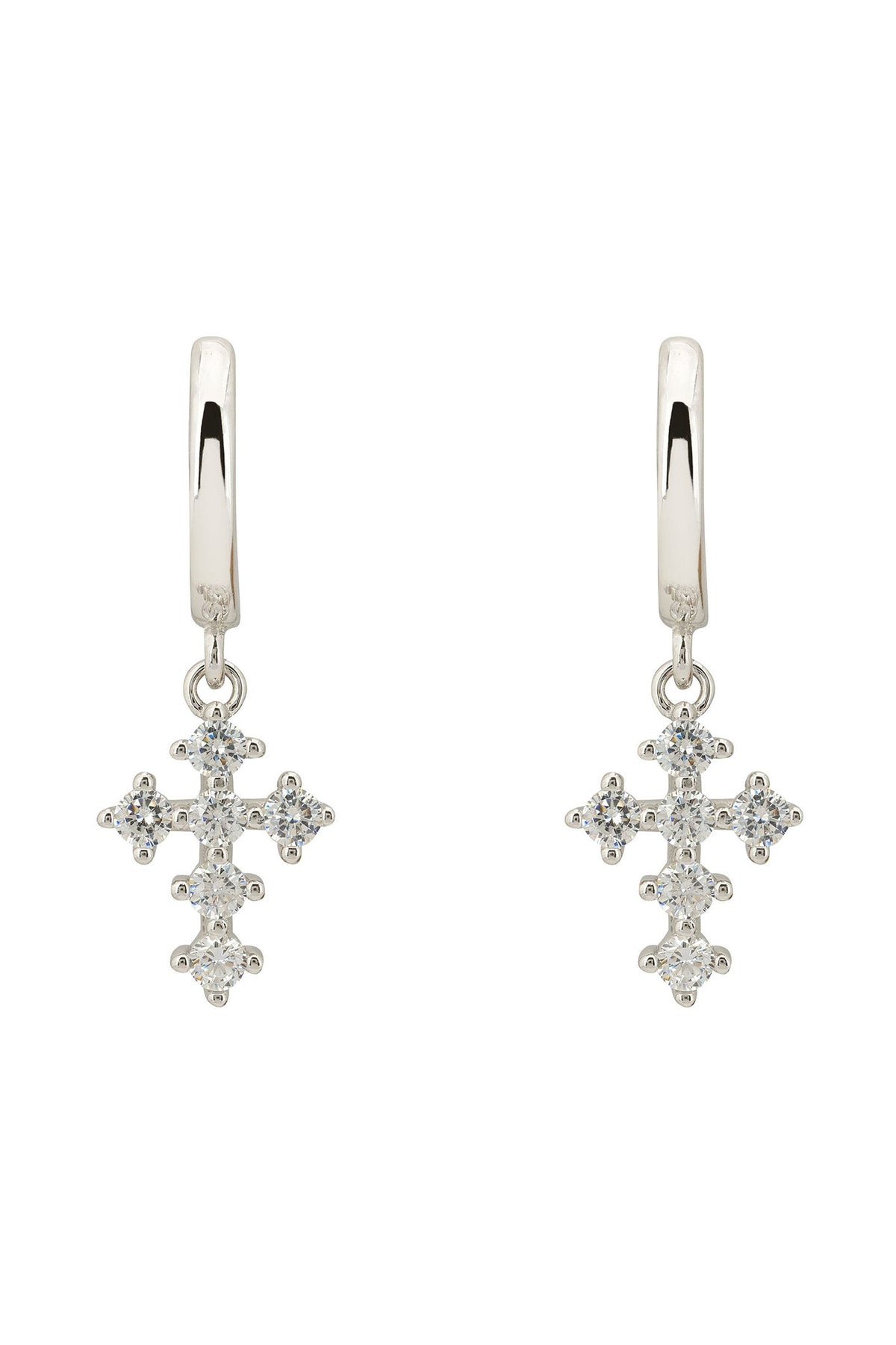 Front view of Divina Fashion Huggie Hoop Earrings Silver, showing cross design, cubic zirconia and zirconia detailing, silver finish.