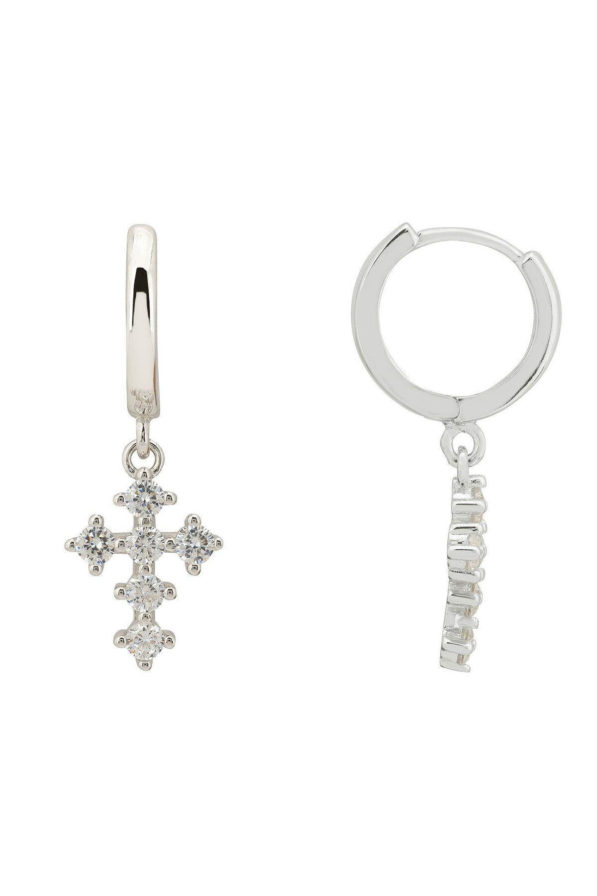 Angled view of Divina Fashion Huggie Hoop Earrings Silver, showing silver finish and the jewellery profile.