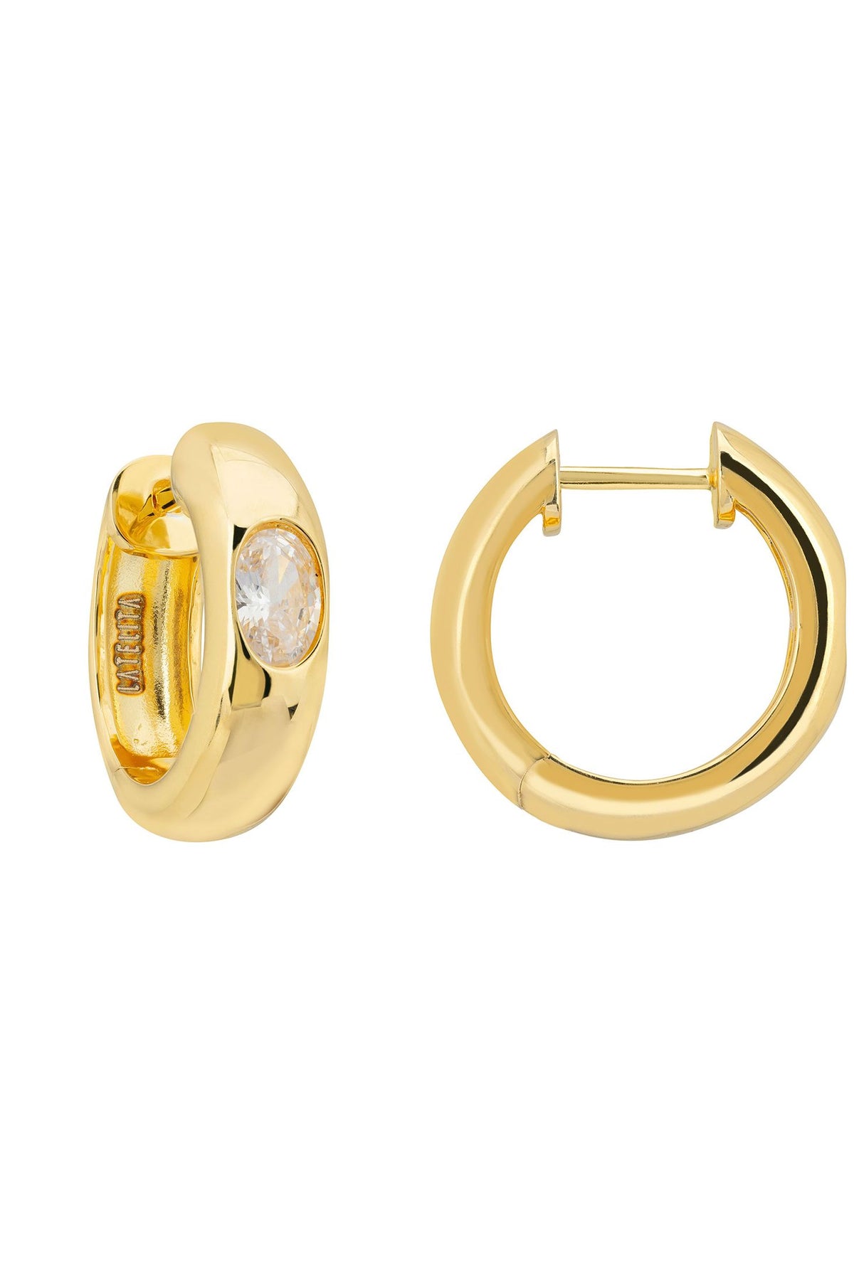 Angled view of Luminary Chunky Hoop Earrings Gold, showing gold finish and the jewellery profile.