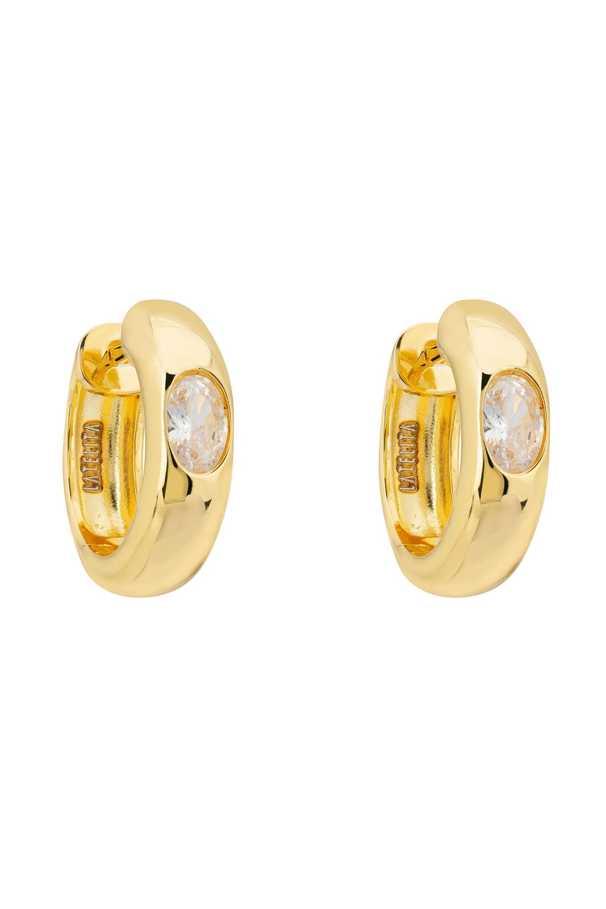 Front view of Luminary Chunky Hoop Earrings Gold, showing cat design, zirconia detailing, gold finish.
