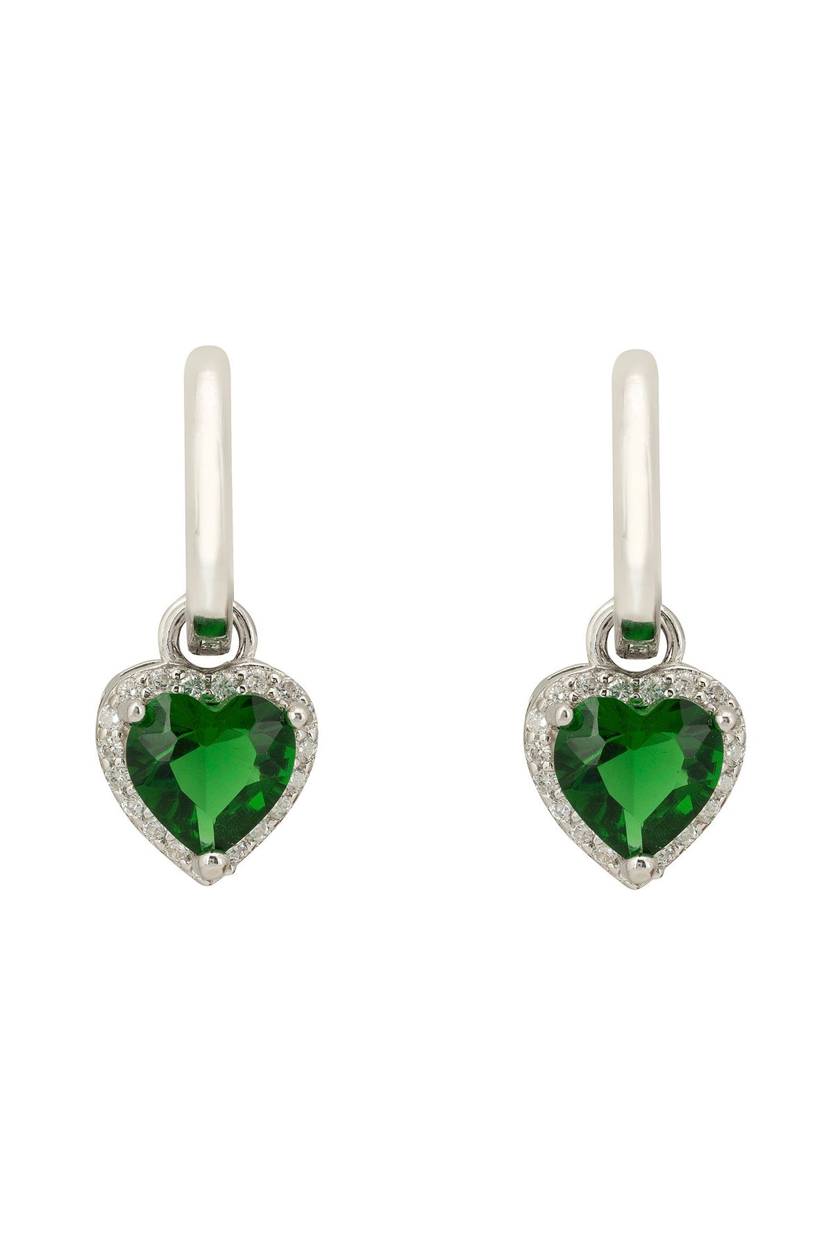 Front view of Cupids Sparkle Emerald Heart Drop Earrings Silver, showing heart design, cubic zirconia and zirconia detailing, silver finish.