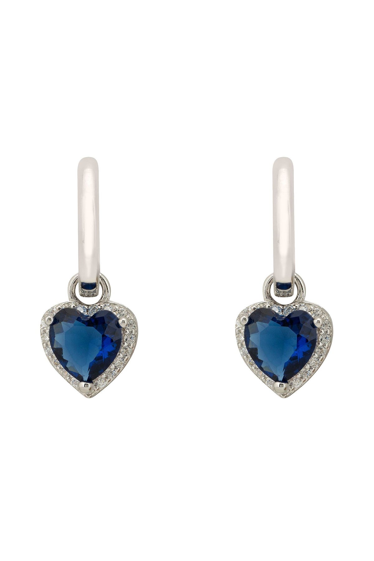 Front view of Cupids Sparkle Sapphire Heart Drop Earrings Silver, showing heart design, cubic zirconia and zirconia detailing, silver finish.