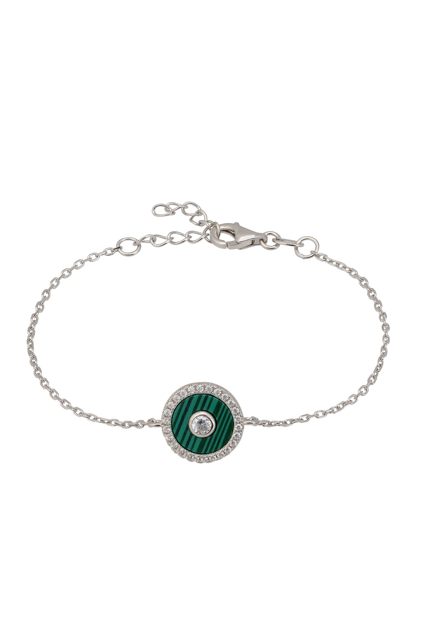 Front view of Mystique Amulet Malachite Bracelet Silver, showing evil eye design, cubic zirconia and zirconia detailing, silver finish.