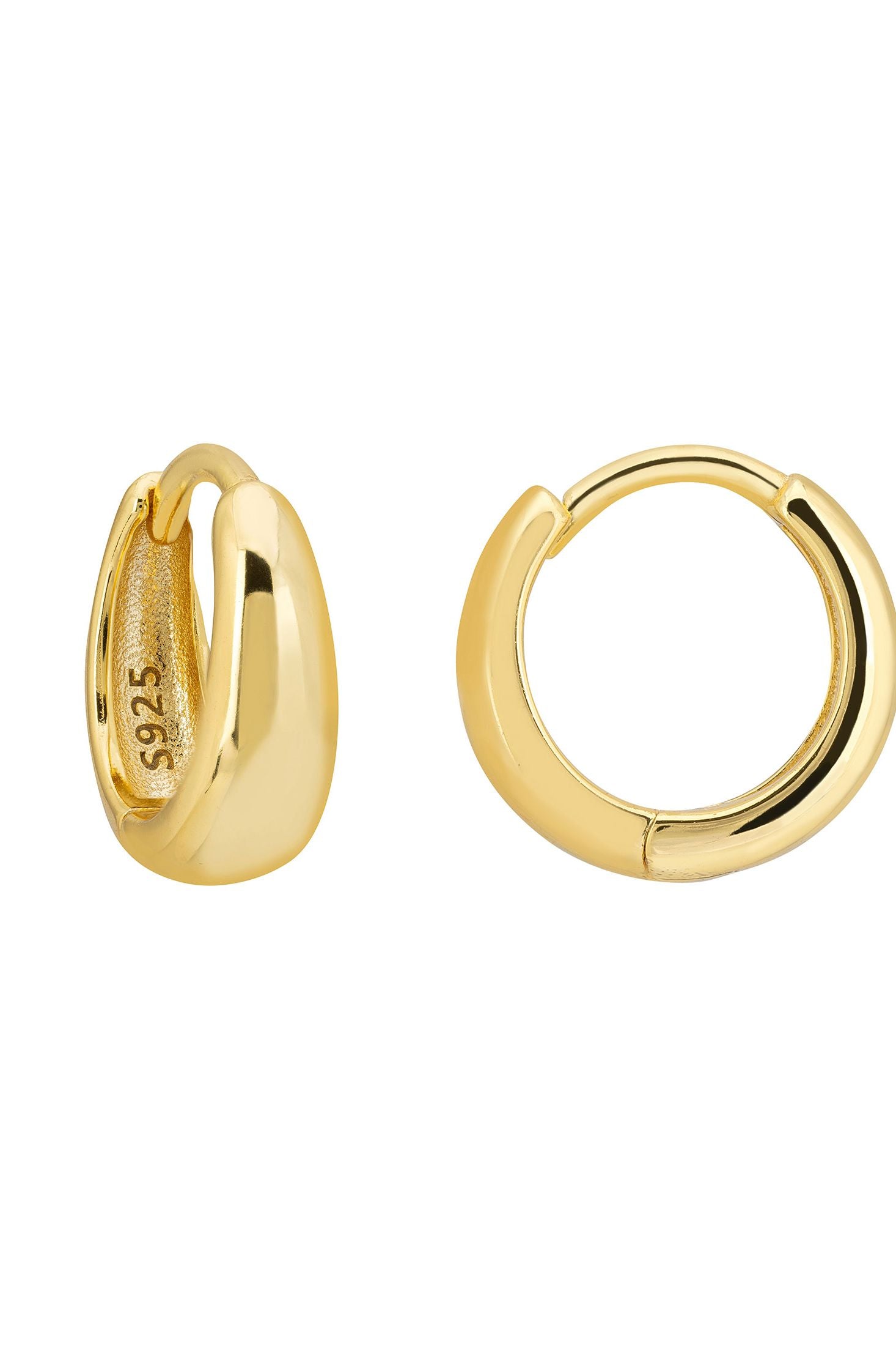 Angled view of Mini Hooplet Earrings Gold, showing gold finish and the jewellery profile.