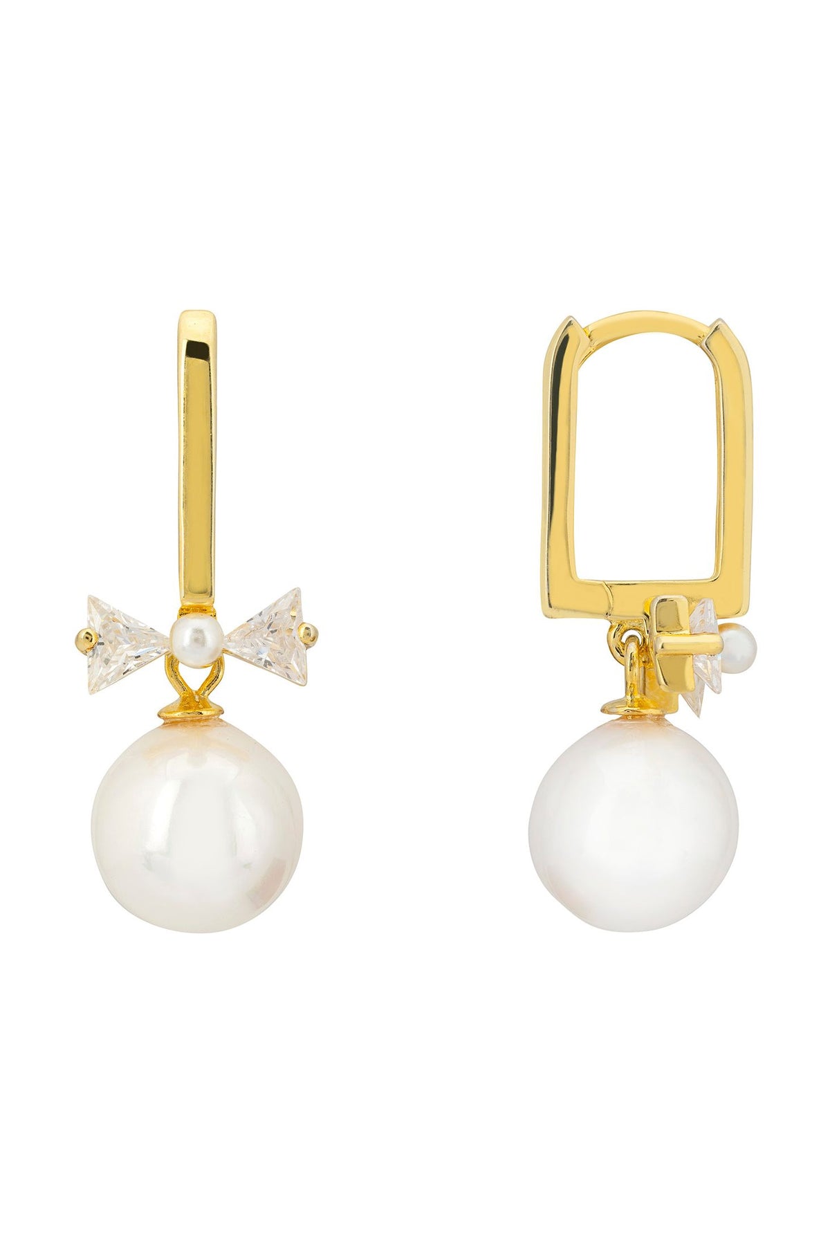 Angled view of Paris Pearl Drop Earrings Gold, showing pearl detailing, gold finish and the jewellery profile.