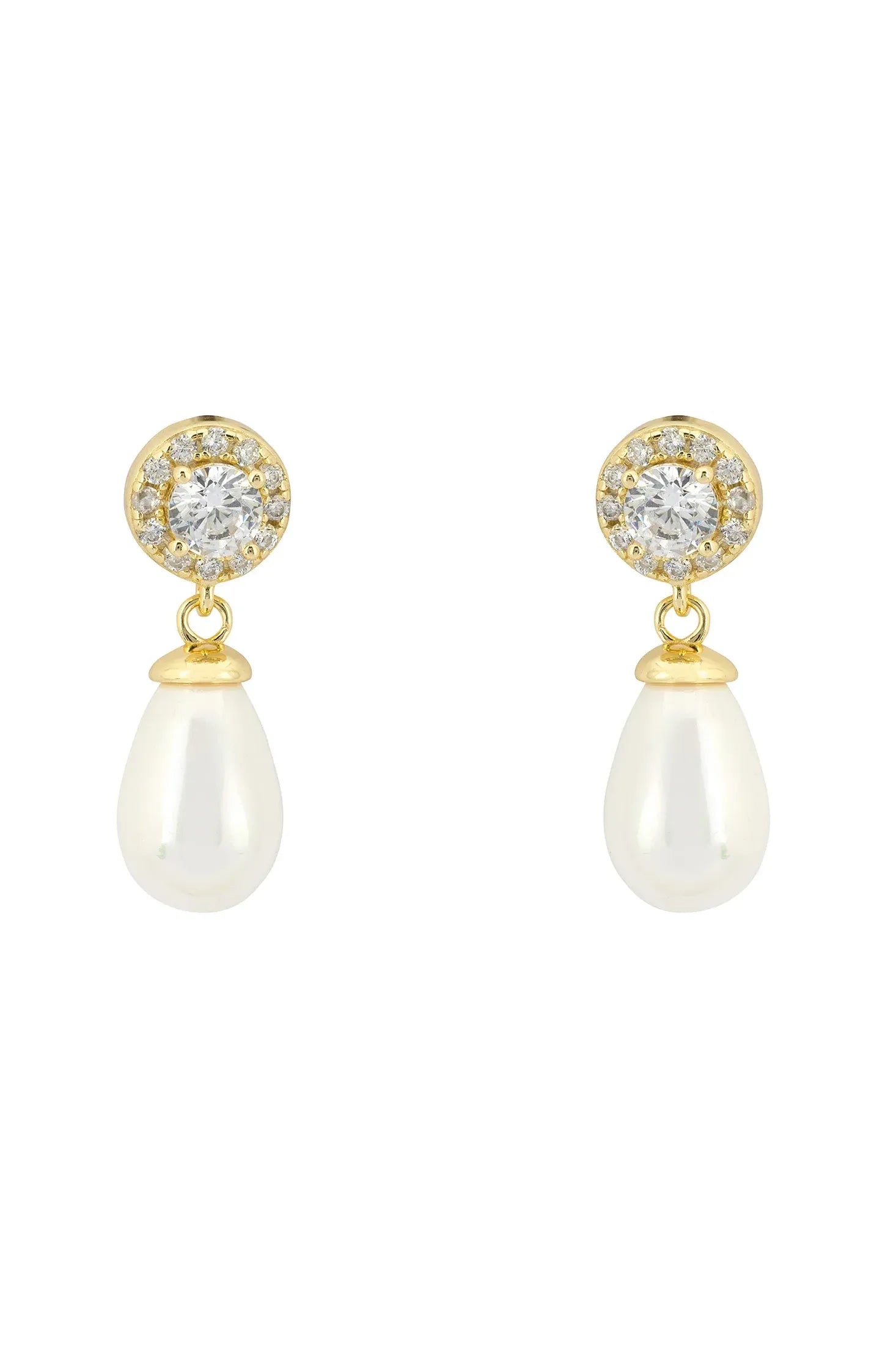 Front view of Timeless Pearl Teardrop Earrings Gold, showing cat design, pearl detailing, gold finish.