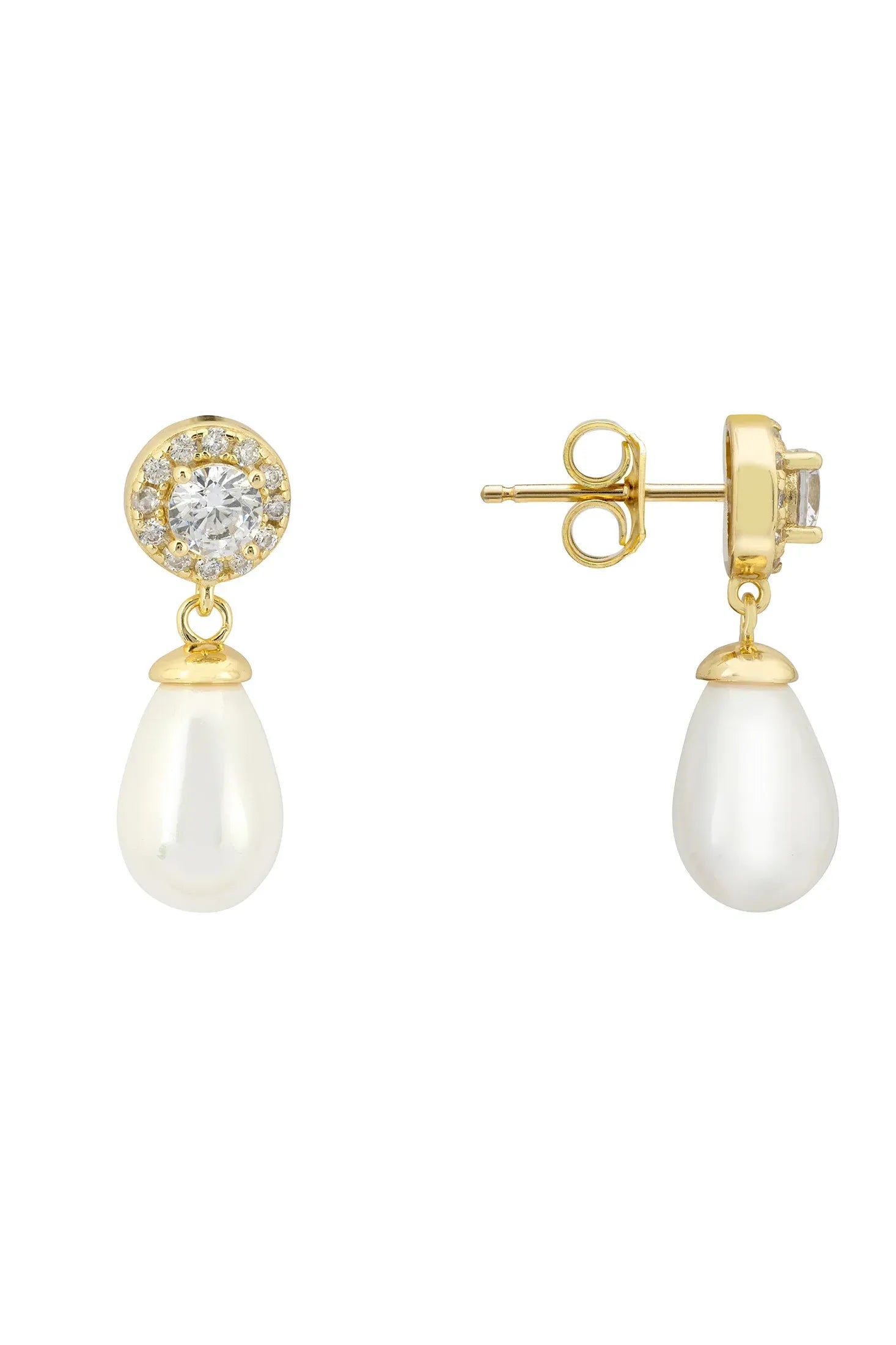 Angled view of Timeless Pearl Teardrop Earrings Gold, showing pearl detailing, gold finish and the jewellery profile.