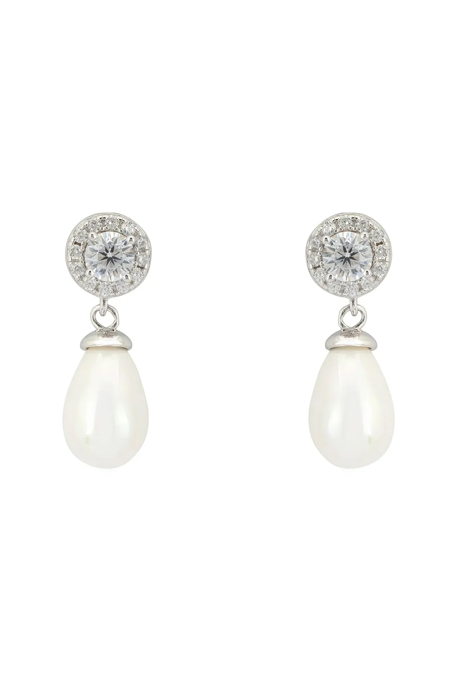 Front view of Timeless Pearl Teardrop Earrings Silver, showing cat design, pearl detailing, silver finish.