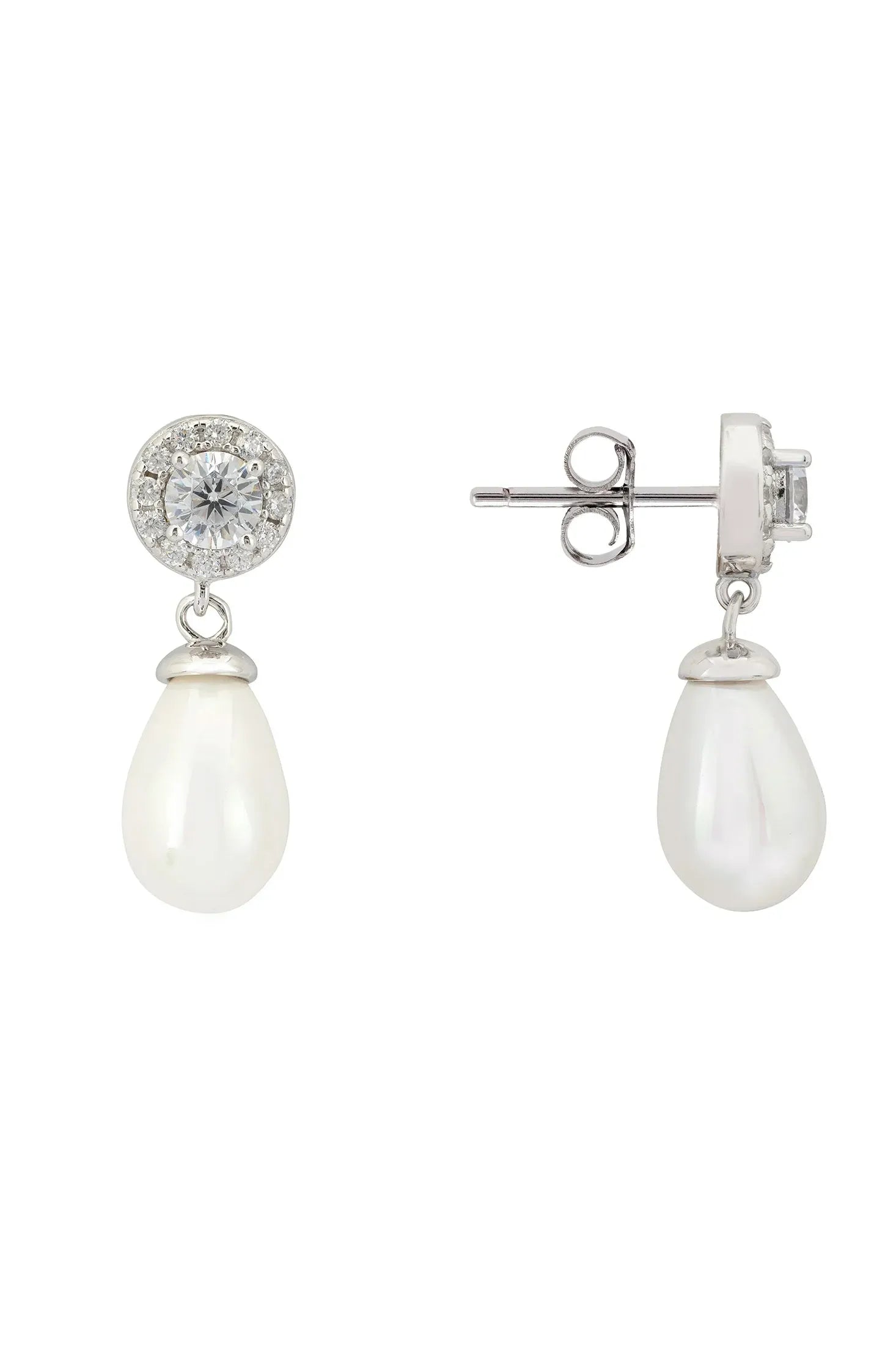 Angled view of Timeless Pearl Teardrop Earrings Silver, showing pearl detailing, silver finish and the jewellery profile.