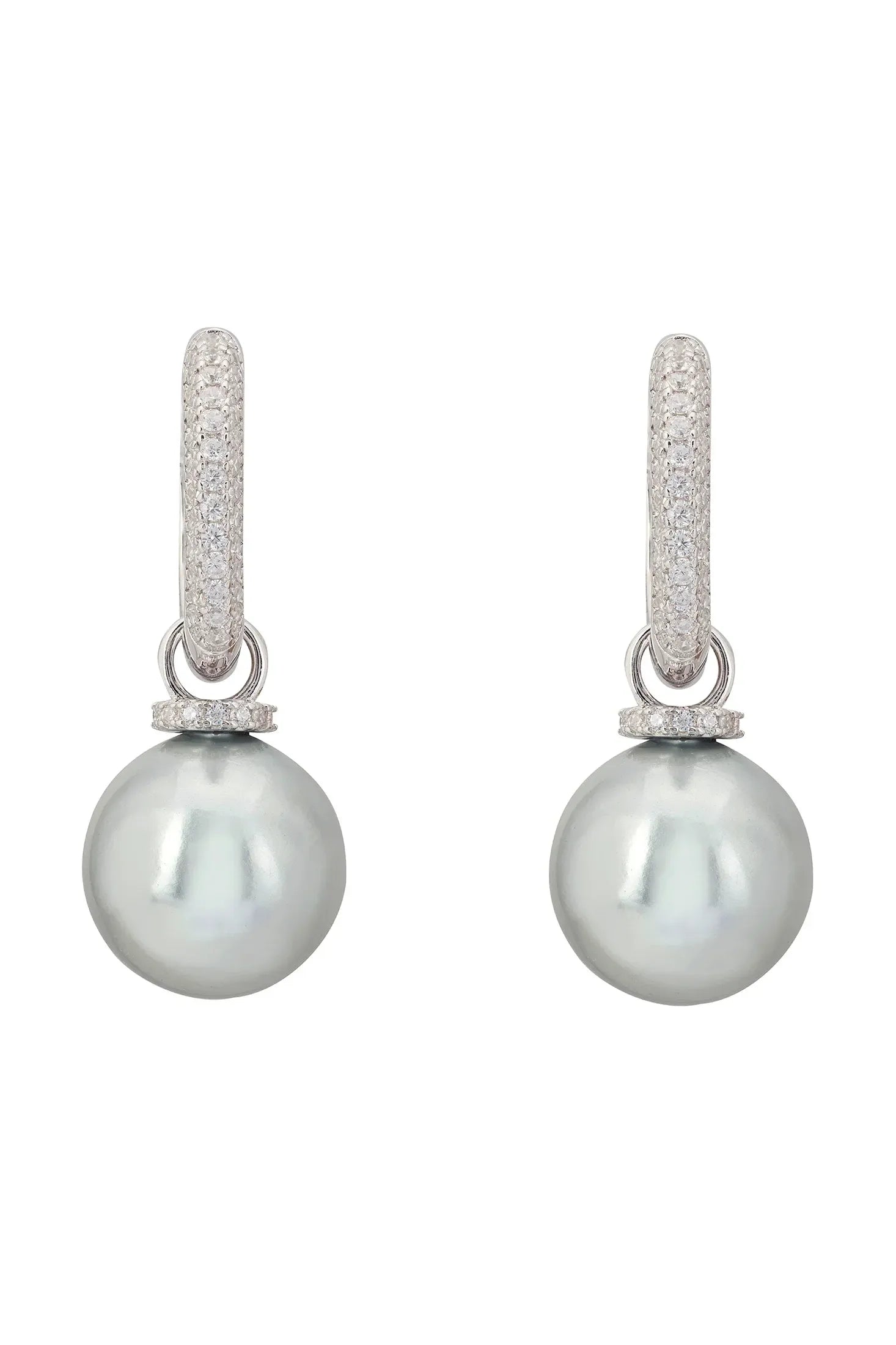 Front view of Twilight Whisper Hoop Earrings Grey Pearl Silver, showing cat design, cubic zirconia and zirconia detailing, silver finish.