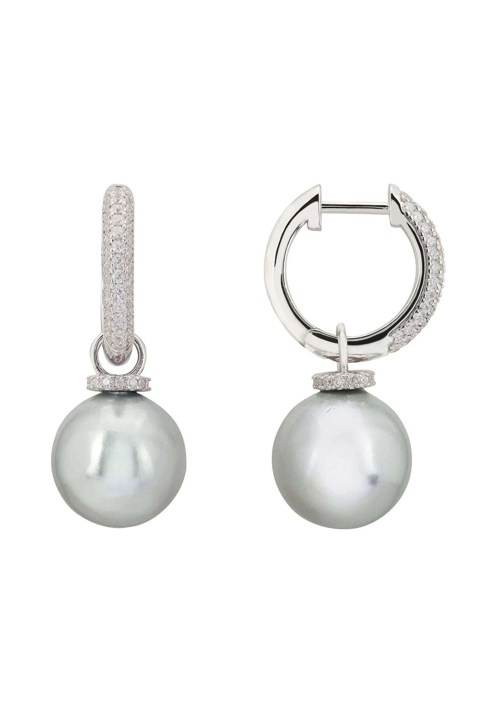 Twilight Whisper Hoop Earrings Grey Pearl Silver
