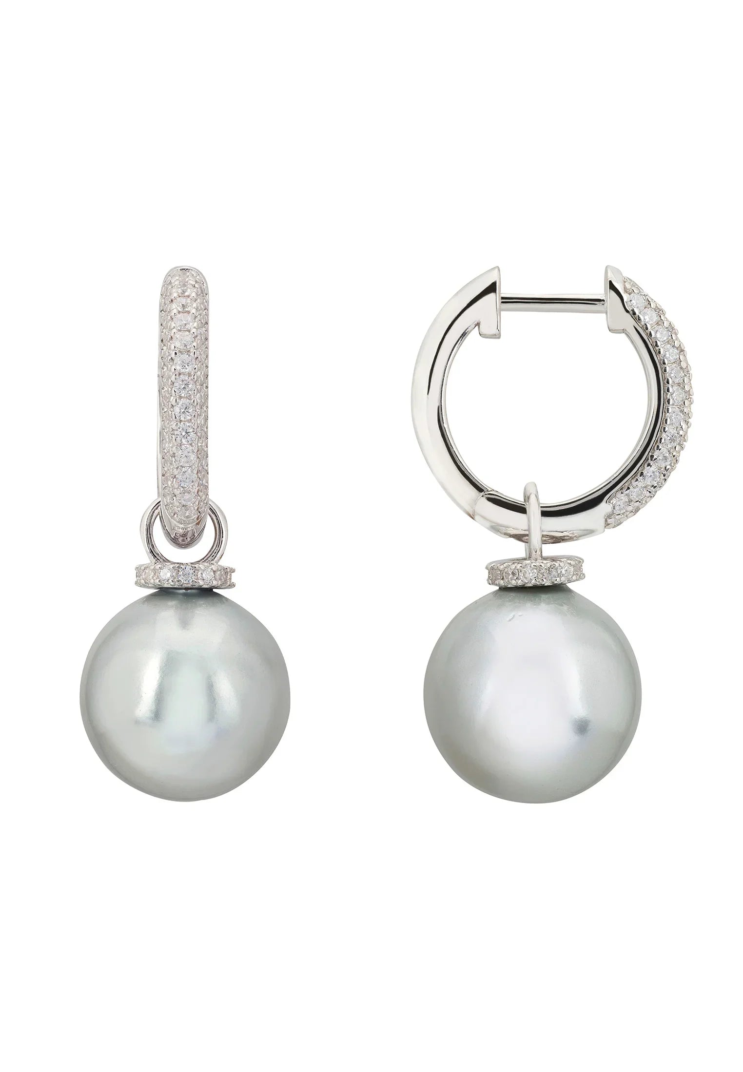 Twilight Whisper Hoop Earrings Grey Pearl Silver