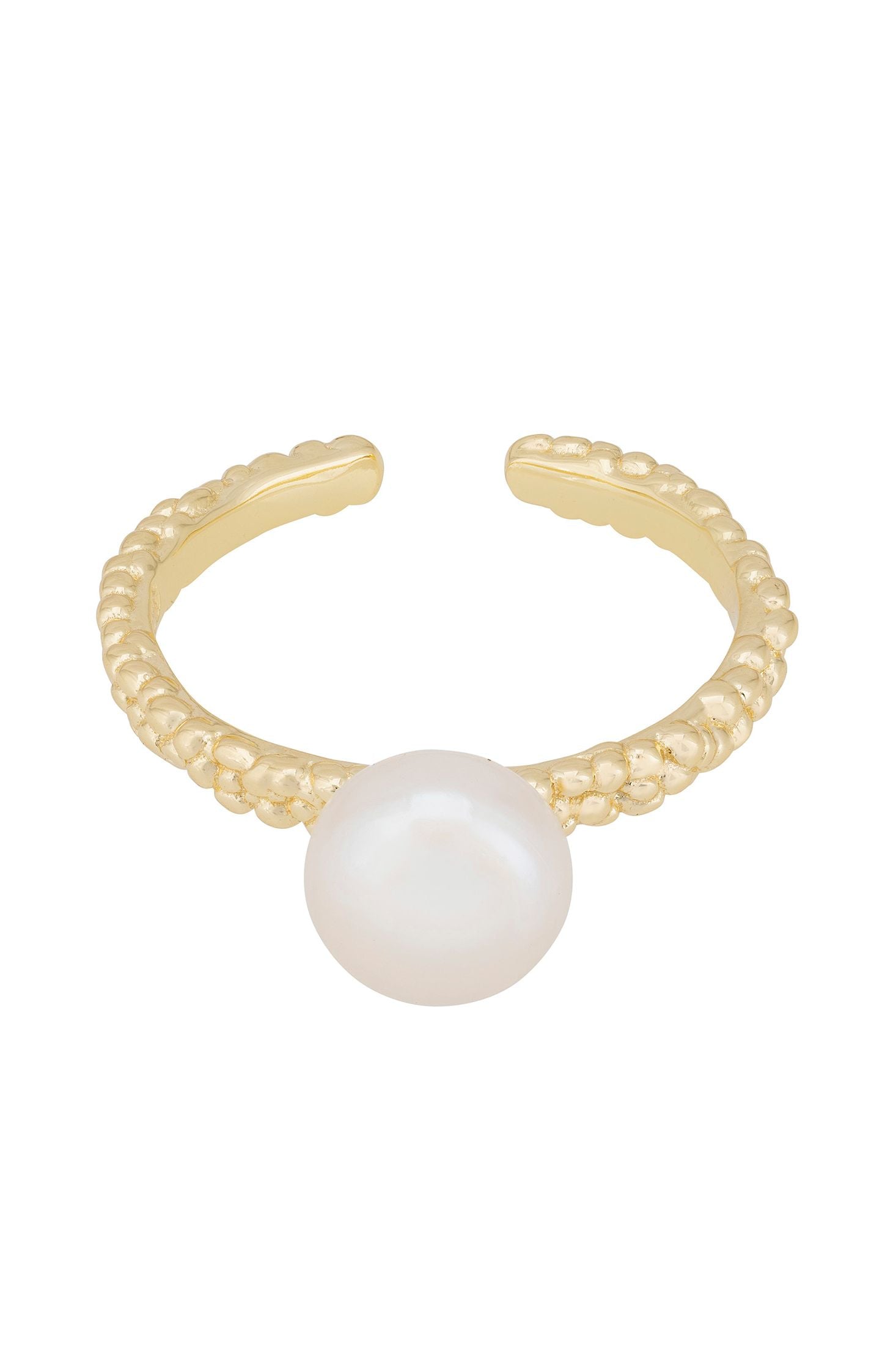 Angled view of Pearl Twist Harmony Ring Gold, showing pearl detailing, gold finish and the jewellery profile.