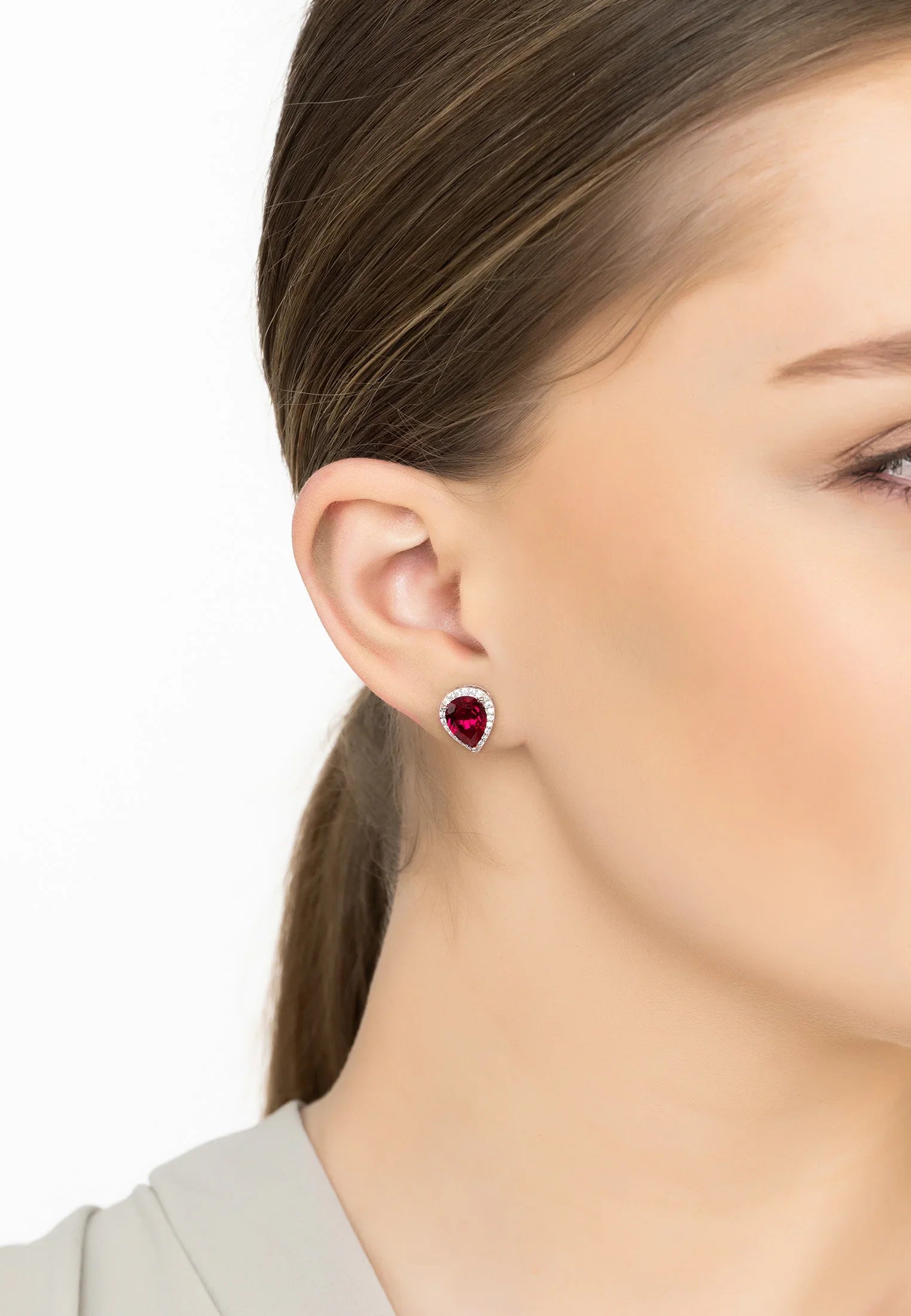 Theodora Ruby Teardrop Gemstone Stud Earrings Silver