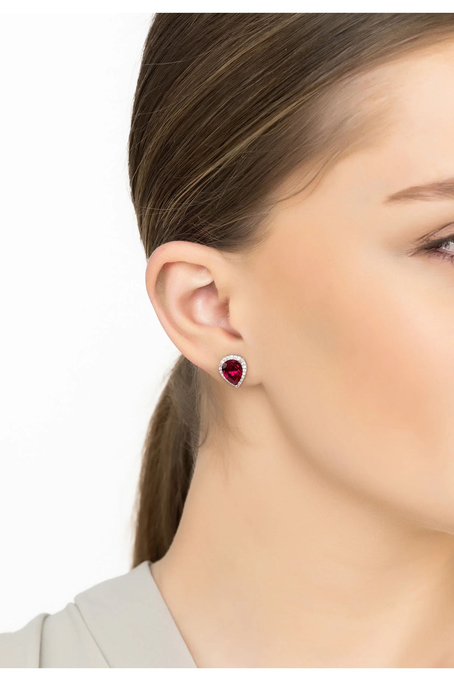 Theodora Ruby Teardrop Gemstone Stud Earrings Silver