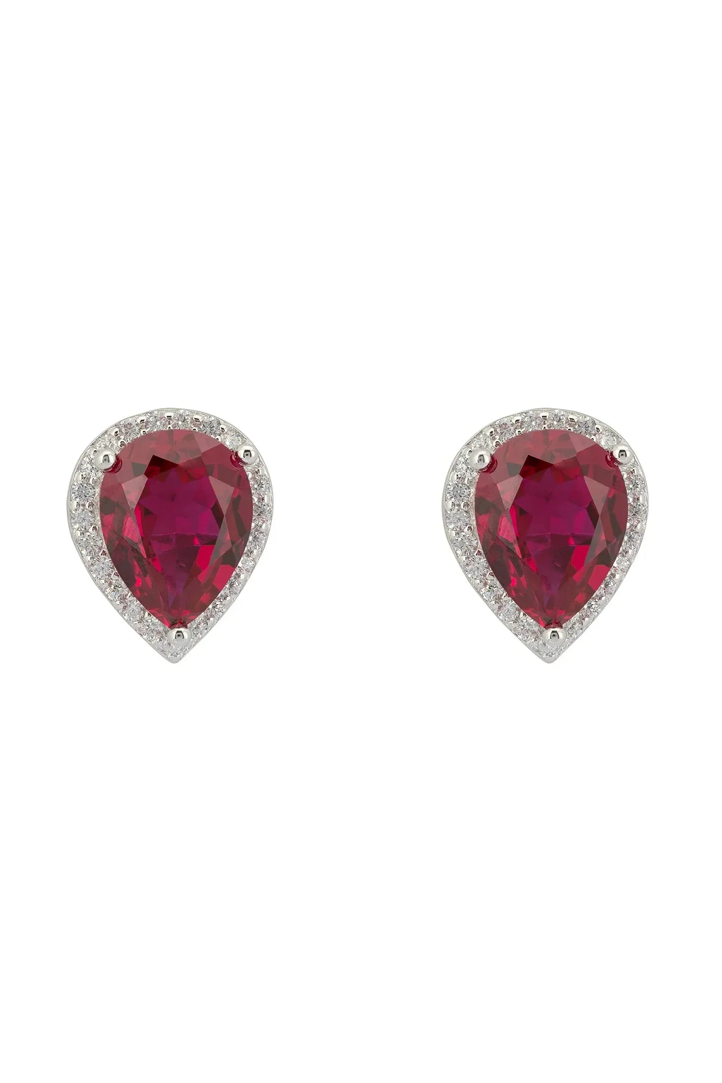 Front view of Theodora Ruby Teardrop Gemstone Stud Earrings Silver, showing butterfly design, zirconia and ruby detailing, silver finish.