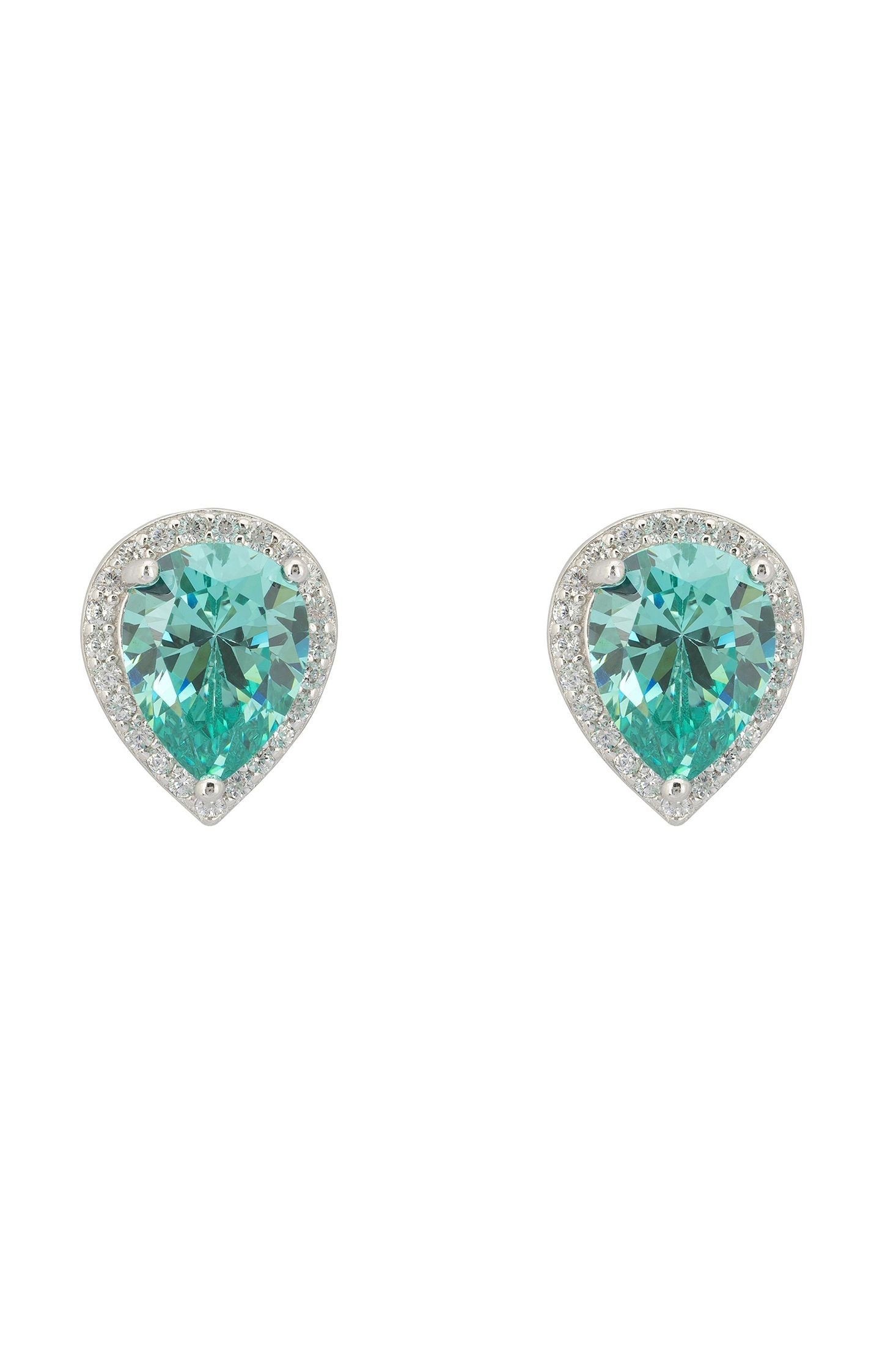 Front view of Theodora Aquamarine Teardrop Gemstone Stud Earrings Silver, showing butterfly design, zirconia detailing, silver finish.
