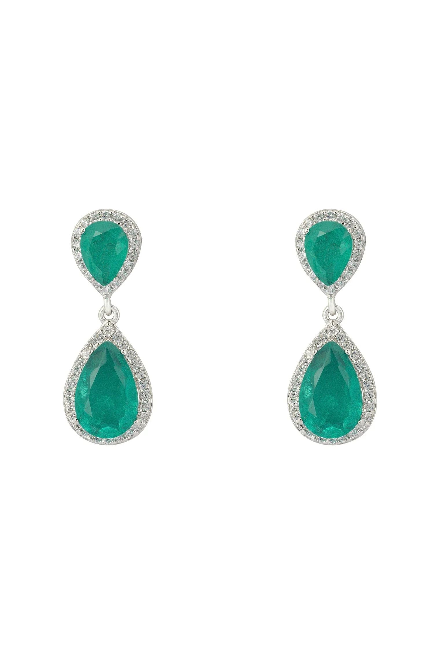 Odette Teardrop Colombian Emerald Earrings Silver