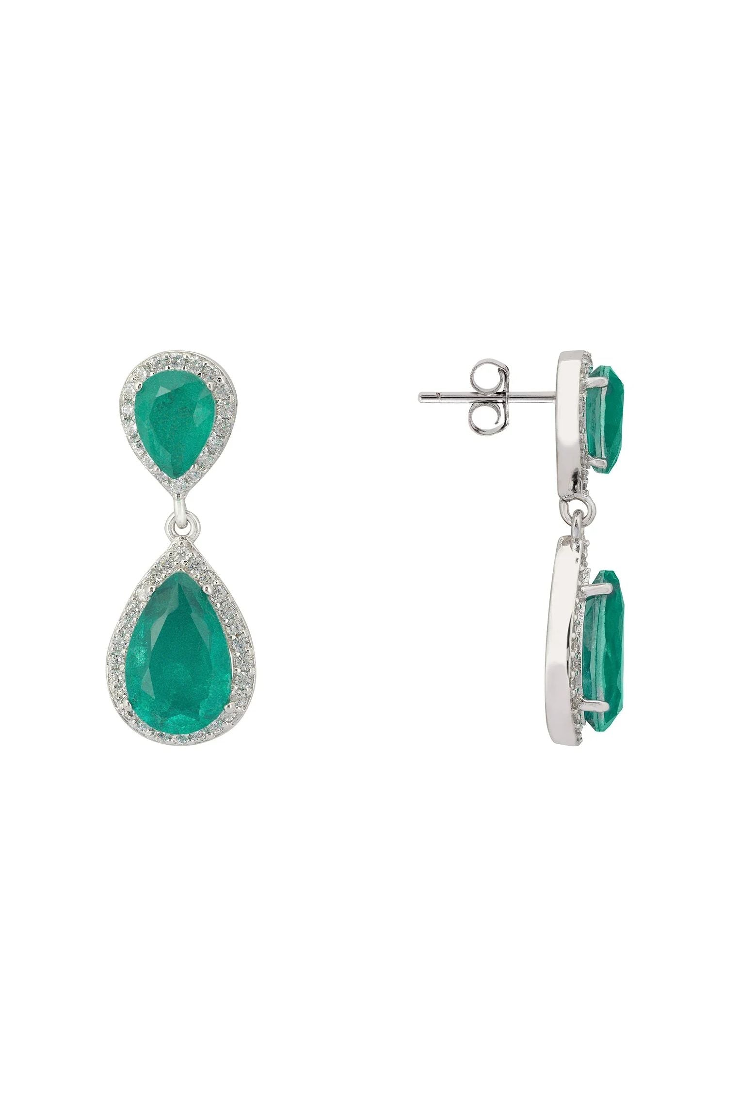 Odette Teardrop Colombian Emerald Earrings Silver
