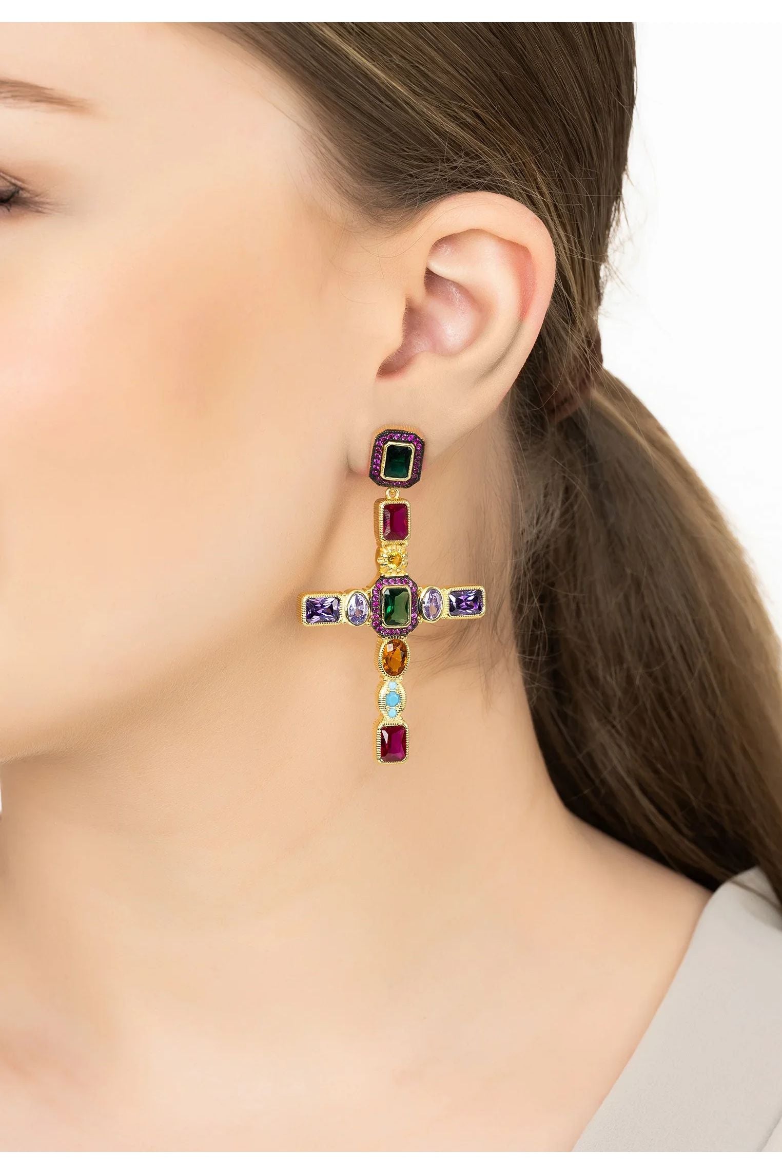 Maria Extra Large Gemstone Fashion Earrings Gold (Cross)
