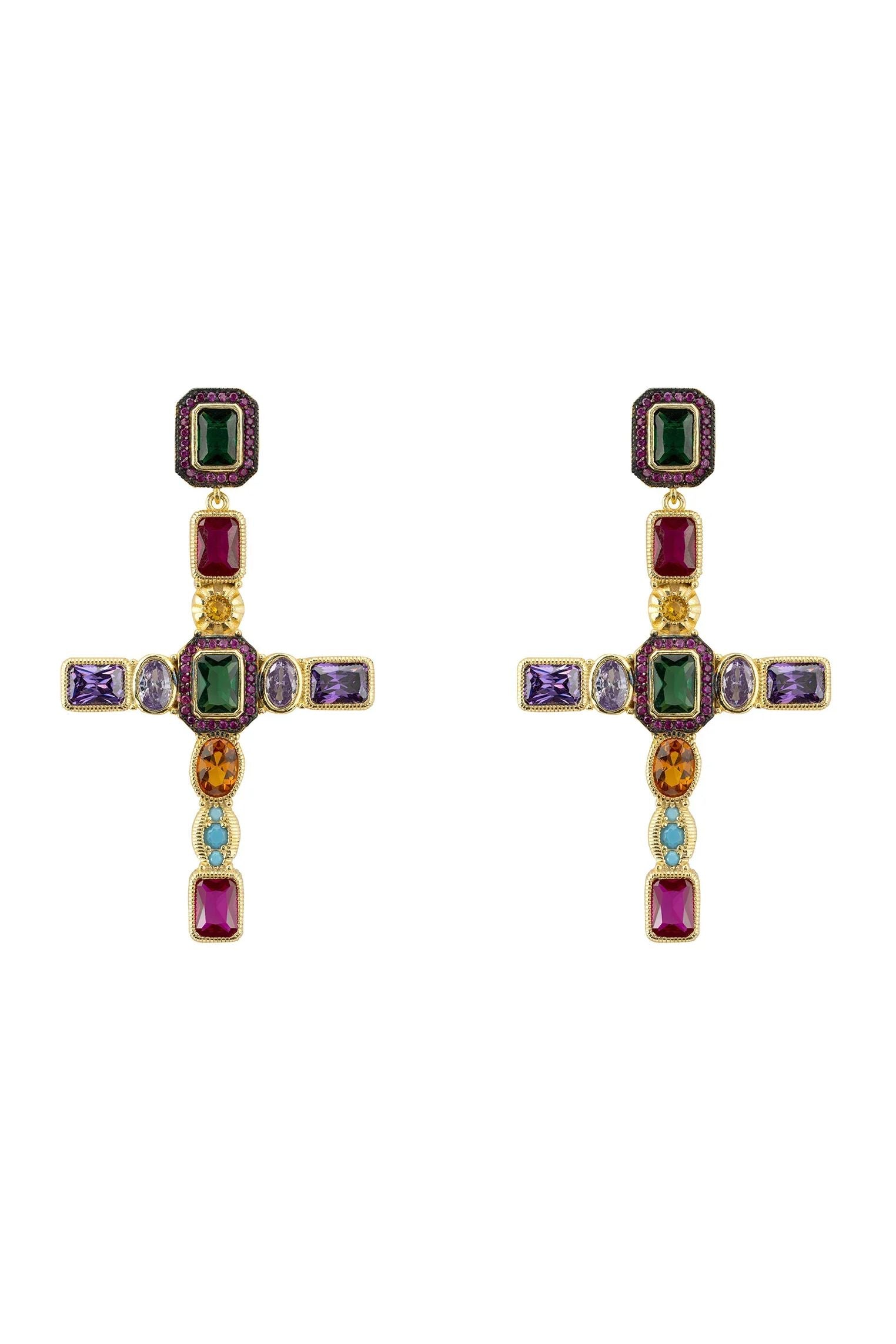 Maria Extra Large Gemstone Fashion Earrings Gold (Cross)